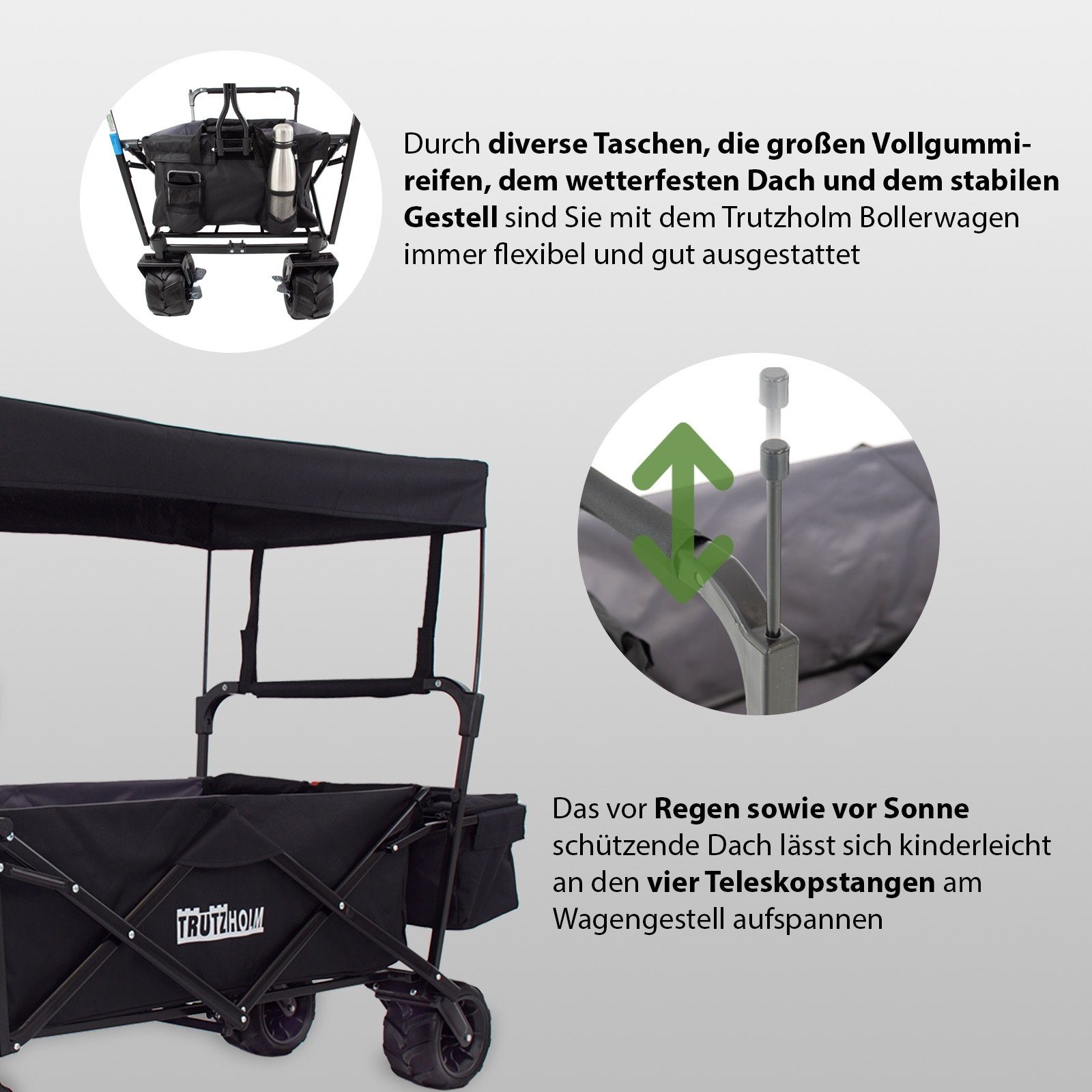 TRUTZHOLM Bollerwagen faltbar mit Sonnendach Breitreifen Schwarz,innen grau Falt-Bollerwagen