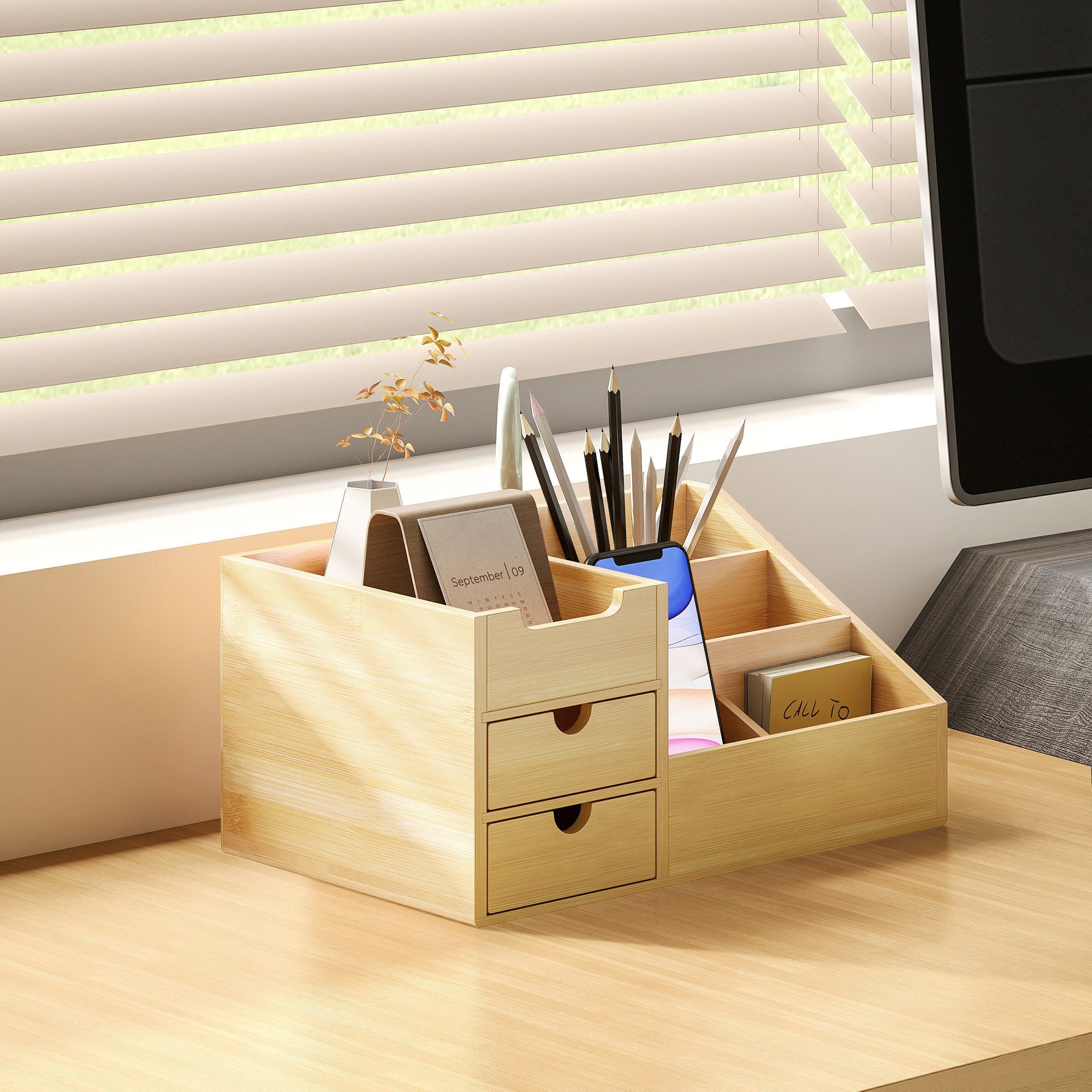 HOMCOM Organizer Schreibtischorganizer Aufbewahrungsbox 2 Schubladen Natur (Schreibtischorganizer, 1 St., 2 Schublade), Naturholz 33 x 20,5 x 15,5 cm