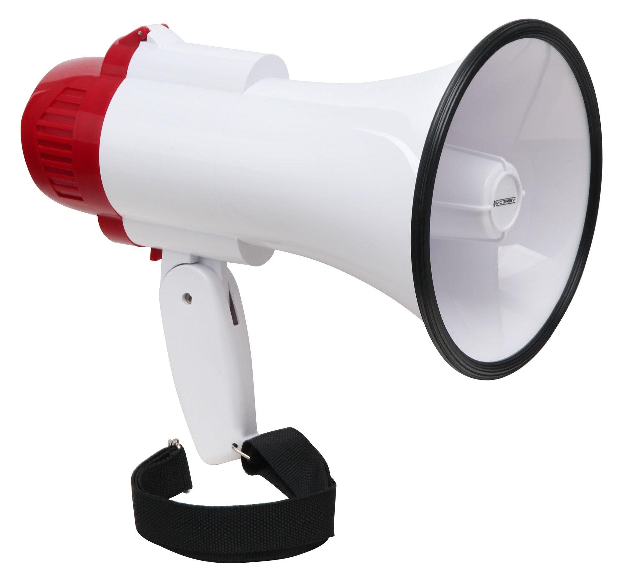 McGrey Megafon Megaphon - Lautsprecher Sprachrohr, 10 Watt RMS bis zu 500m Reichweite, robuste Bauweise, (MP-100RS, Inkl. Tragegurt), Aufnahme/Wiedergabe-Funktion und Sirene