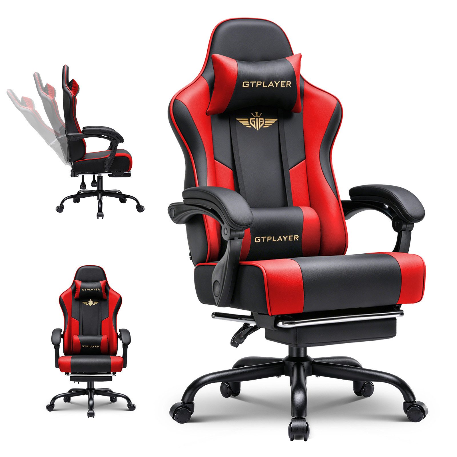 GTPLAYER Gaming-Stuhl Gaming Stuhl Chair Gamer Sessel - Ergonomischer Gamer Stuhl, mit Fußstütze Kopfstütze und Lordosenstütz 180kg