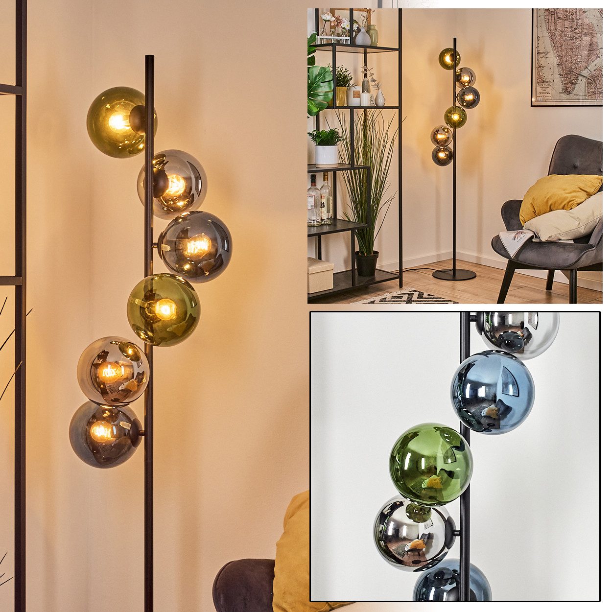 hofstein Stehlampe Stehlampe aus Metall/Glas in Schwarz/Chrom/Rauch/Blau/Grün, ohne Leuchtmittel, Stehleuchte im Retro/Vintage-Design mit Fußschalter, 160 cm, 5 x E14