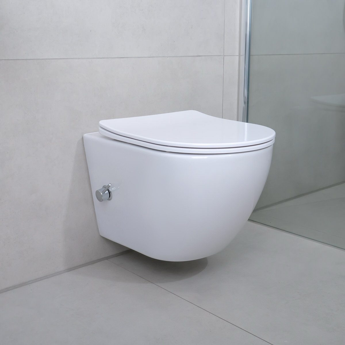 Aloni Tiefspül-WC Dusch Taharet Bidet-Funktion spülrandlos Armatur & Softclose-Sitz Weiß, Wandhängend, Abgang Softclose mit Absenkautomatik, Edelstahl-Hygienedusche mit integrierter Kalt-/Warmwasserarmatur