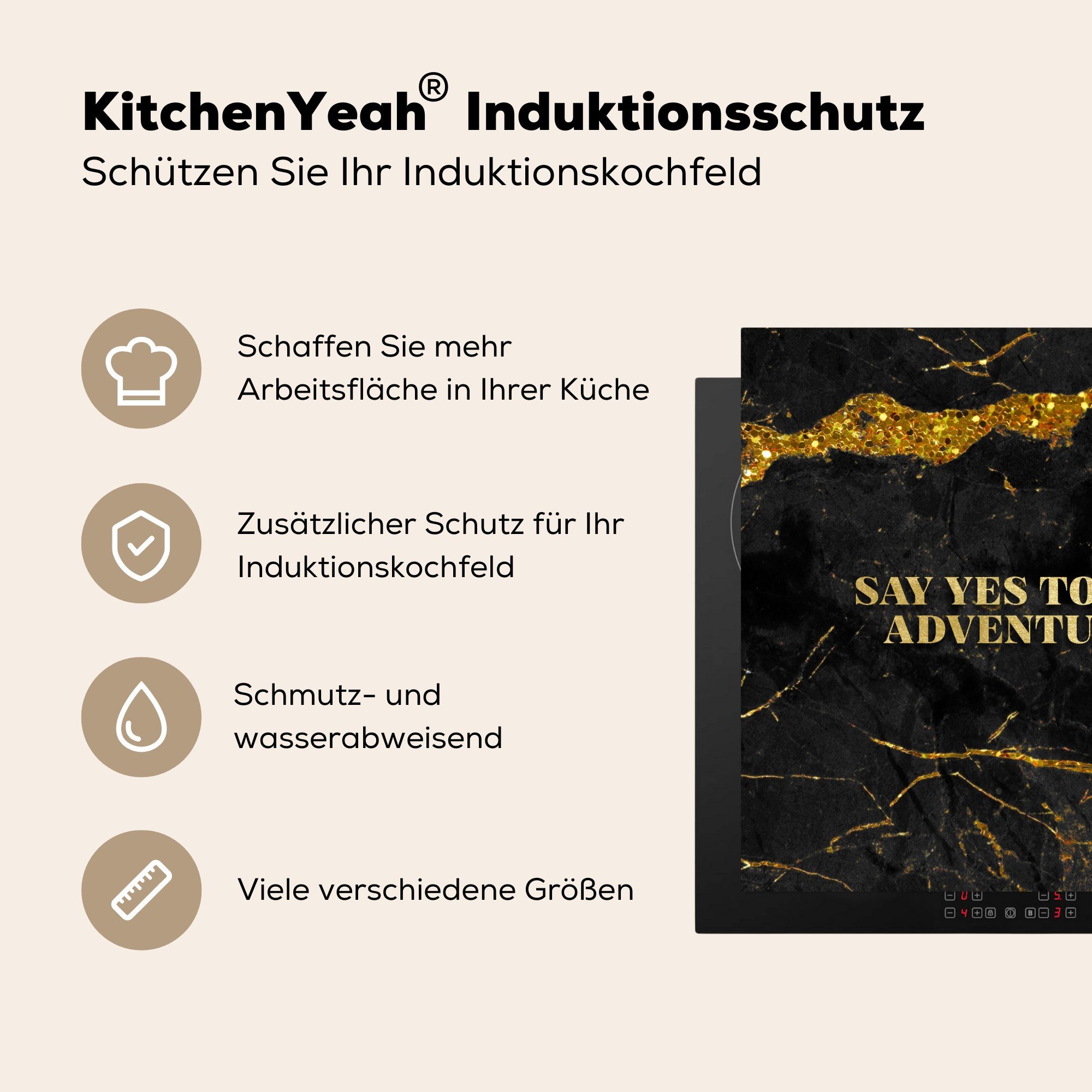 Vinyl, Glitzer Abenteuer - - cm, Gold (1 Arbeitsplatte Ceranfeldabdeckung, - tlg), Herdblende-/Abdeckplatte für küche Marmor, 78x78 MuchoWow
