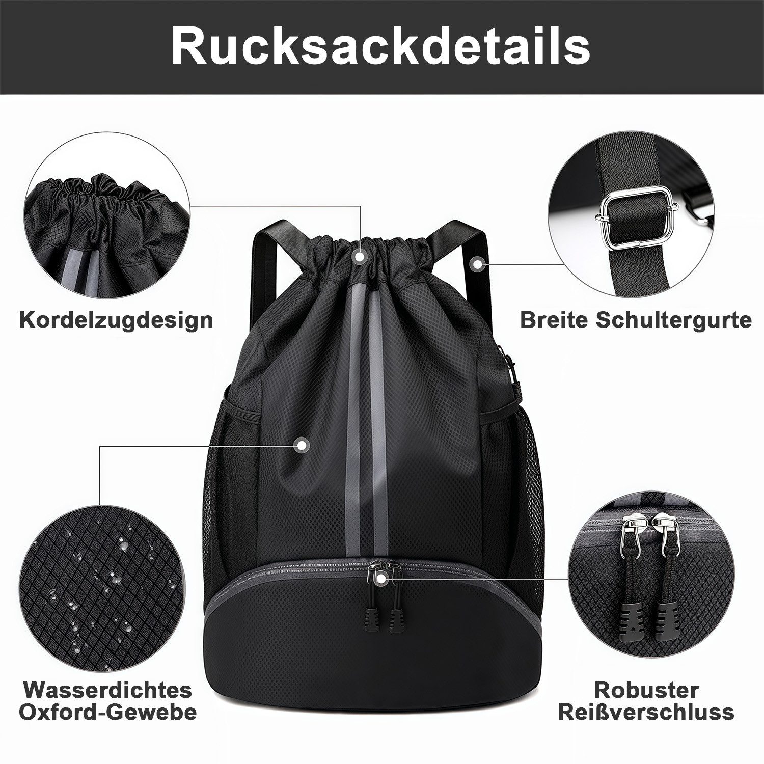 MOPUEA Turnbeutel Turnbeutel Fußballtasche Rucksack mit Tunnelzug Turntasche Sporttasche (Verstellbar Kordelzug Gymsack Wasserfest Sporttasche, 1-tlg., Große Kapazität für Herren Damen Kinder Jugend)
