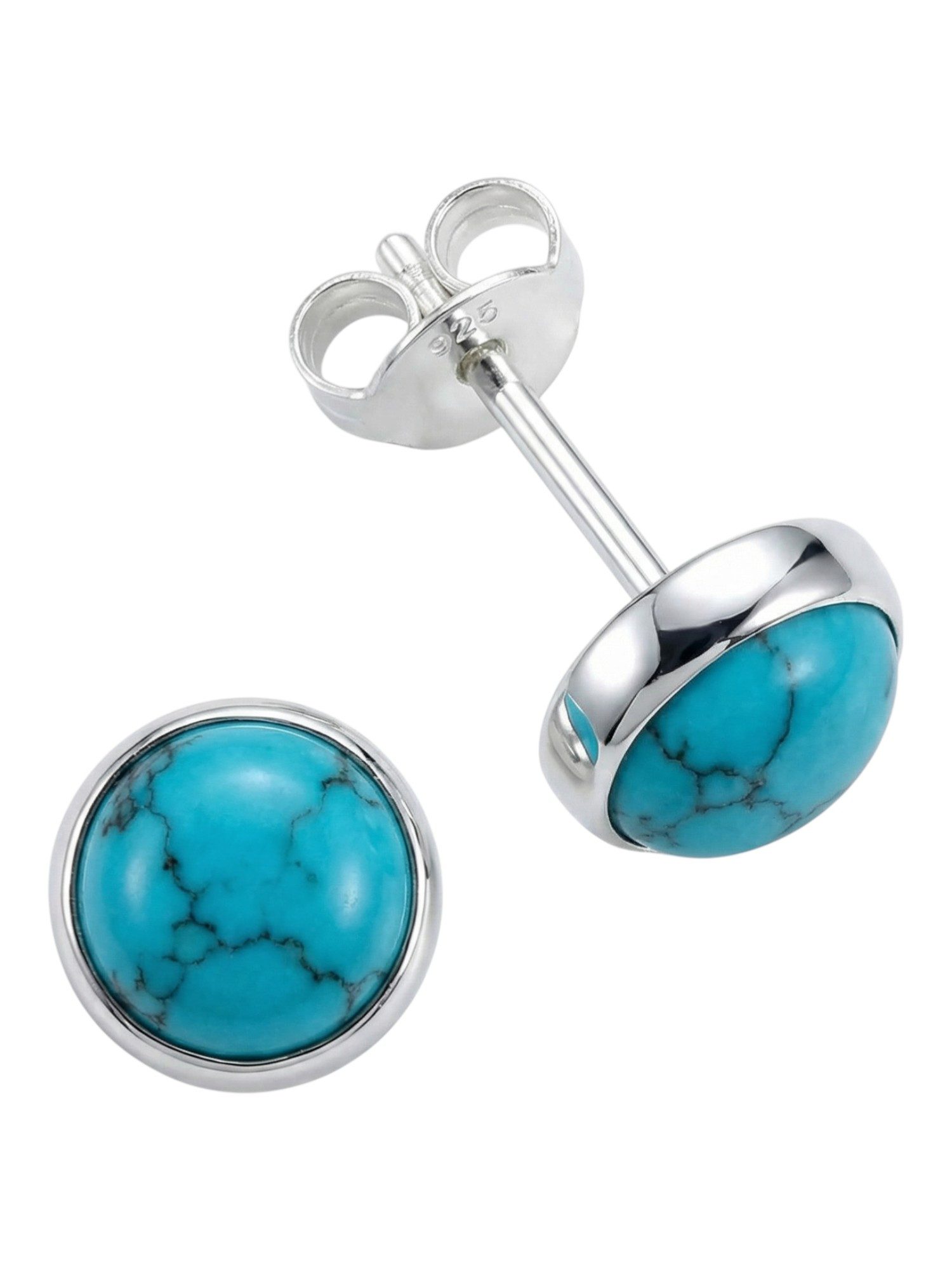 mantraroma Paar Ohrstecker SAMA rund medium aus 925 Silber mit Türkis (Paar, Paar Ohrringe mit Schmuckbeutel), 925 Sterling Silber Ohrringe für Damen