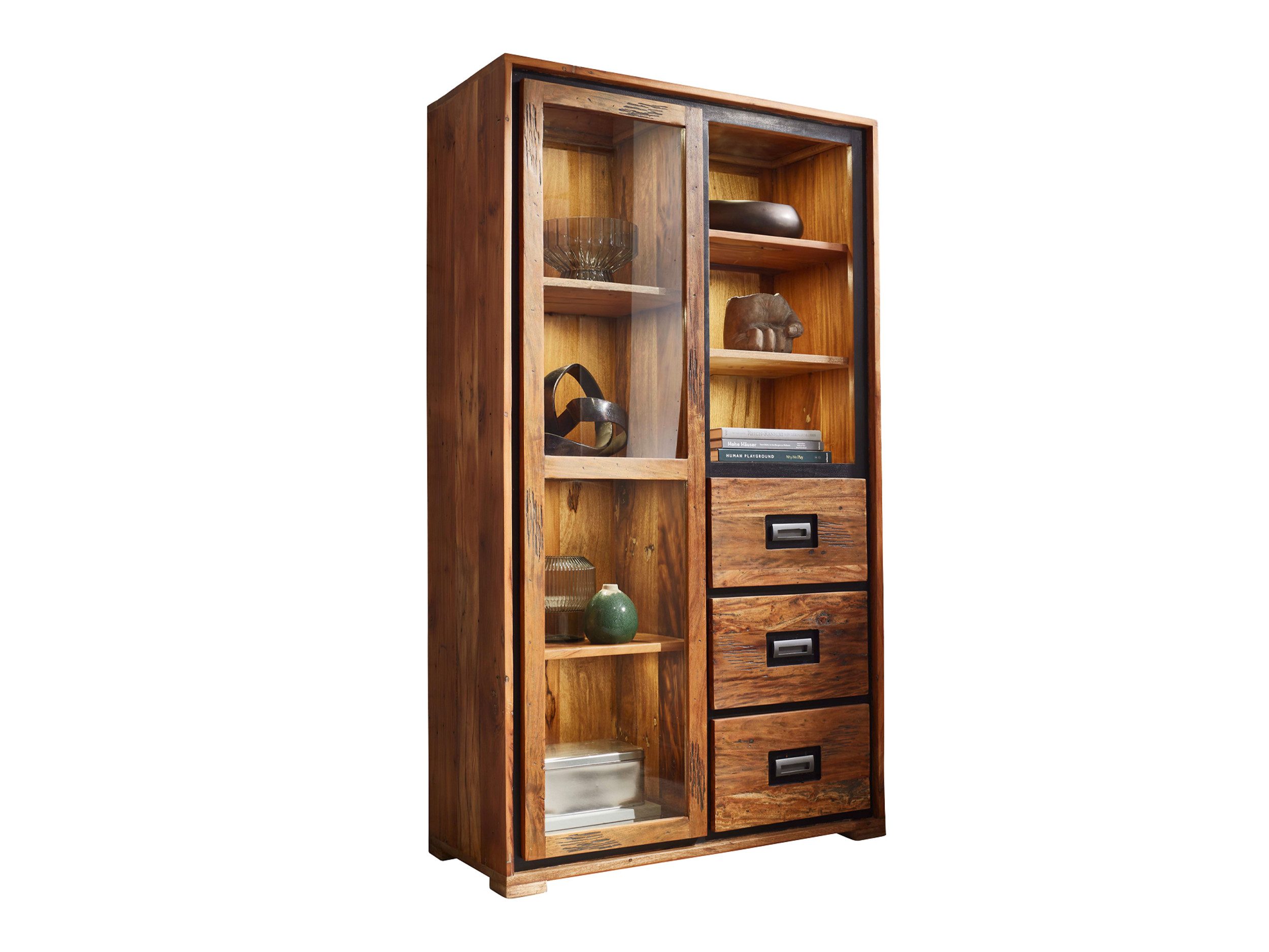 Massivart® Glasvitrine Vitrine 175 cm Höhe Akazie Altholz massiv »NARVIK« Massivholz · montiert · 3 Schubladen · 3 offene Fächer