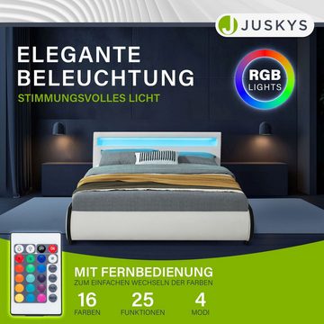 Juskys Polsterbett Sevilla, 140x200 cm, RGB-LED, Kunstleder, weiches Kopfteil, inkl. Matratze