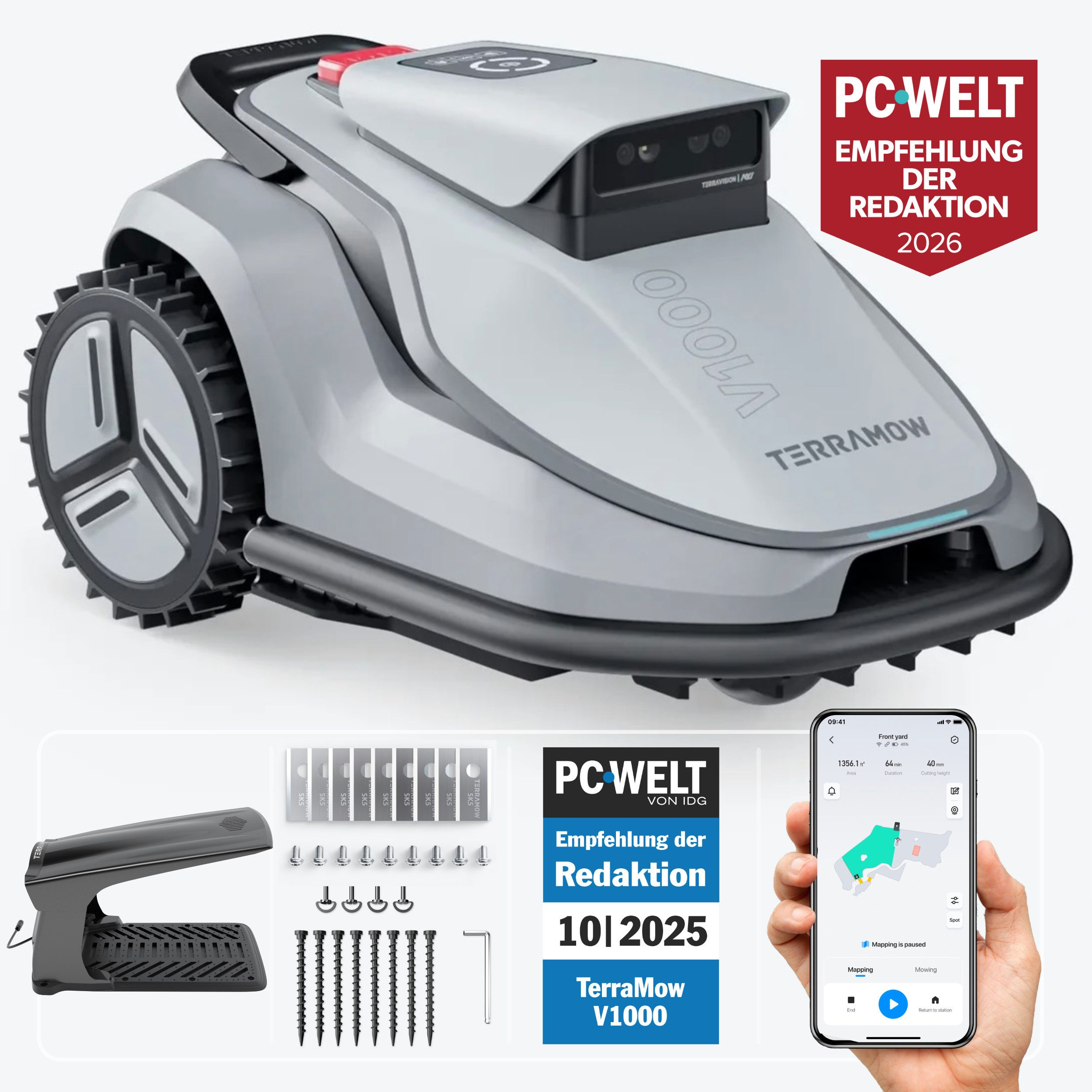 interpick Rasenmähroboter Terramow V1000 Mähroboter ohne Begrenzungskabel, bis 1200 m² Rasenfläche