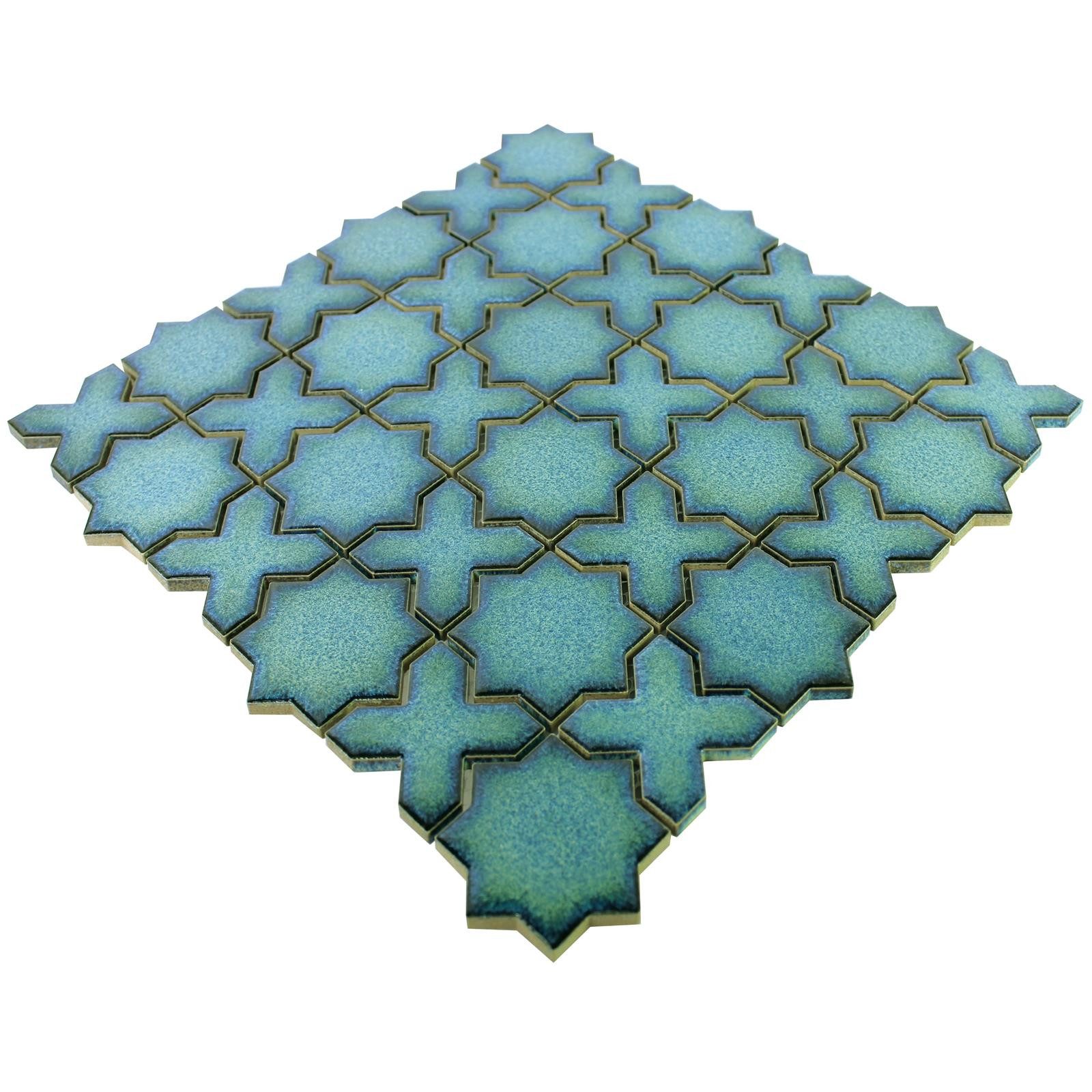 Mosafil Mosaikfliesen Keramikmosaik Fliesen Puebla Stern Blau, Keramik 29.600x29.600, blau, Verlegefertig auf ein Netz geklebt - Frostsicher - Wasserfest