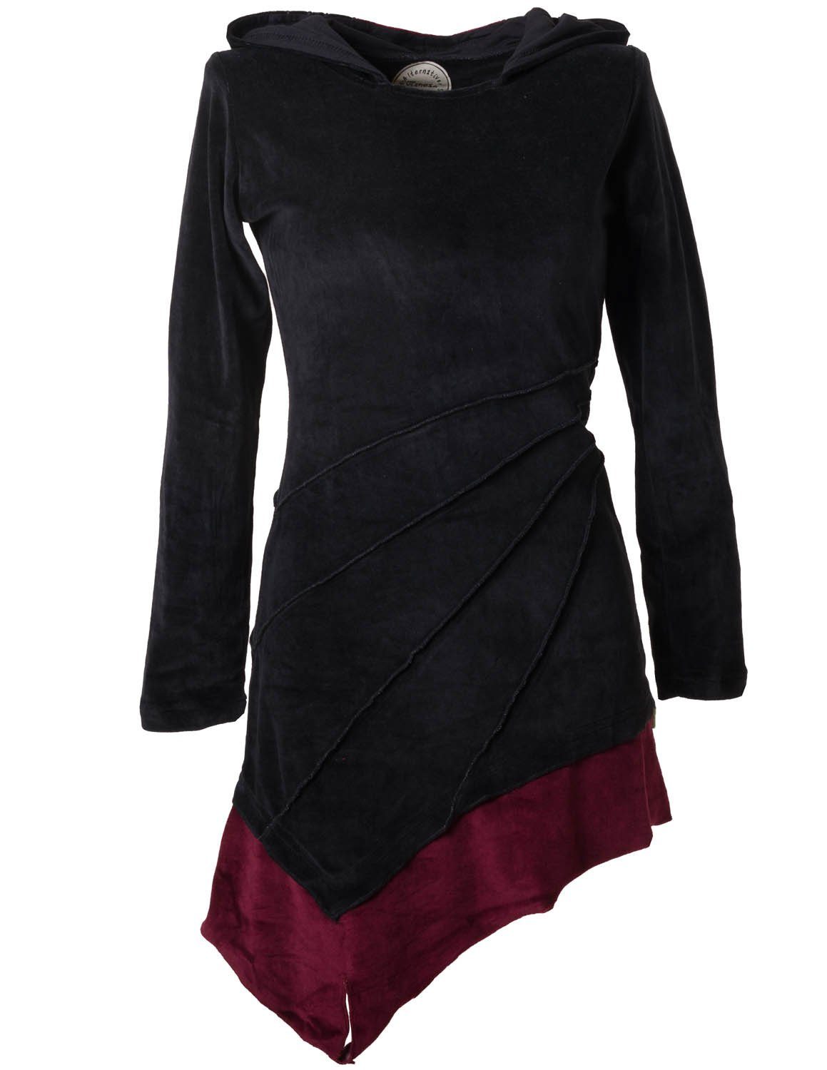 Vishes Zipfelkleid Asymmetrisches Elfenkleid aus Samt m. Zipfelkapuze Hippie, Gothik, Ethno Style schwarz