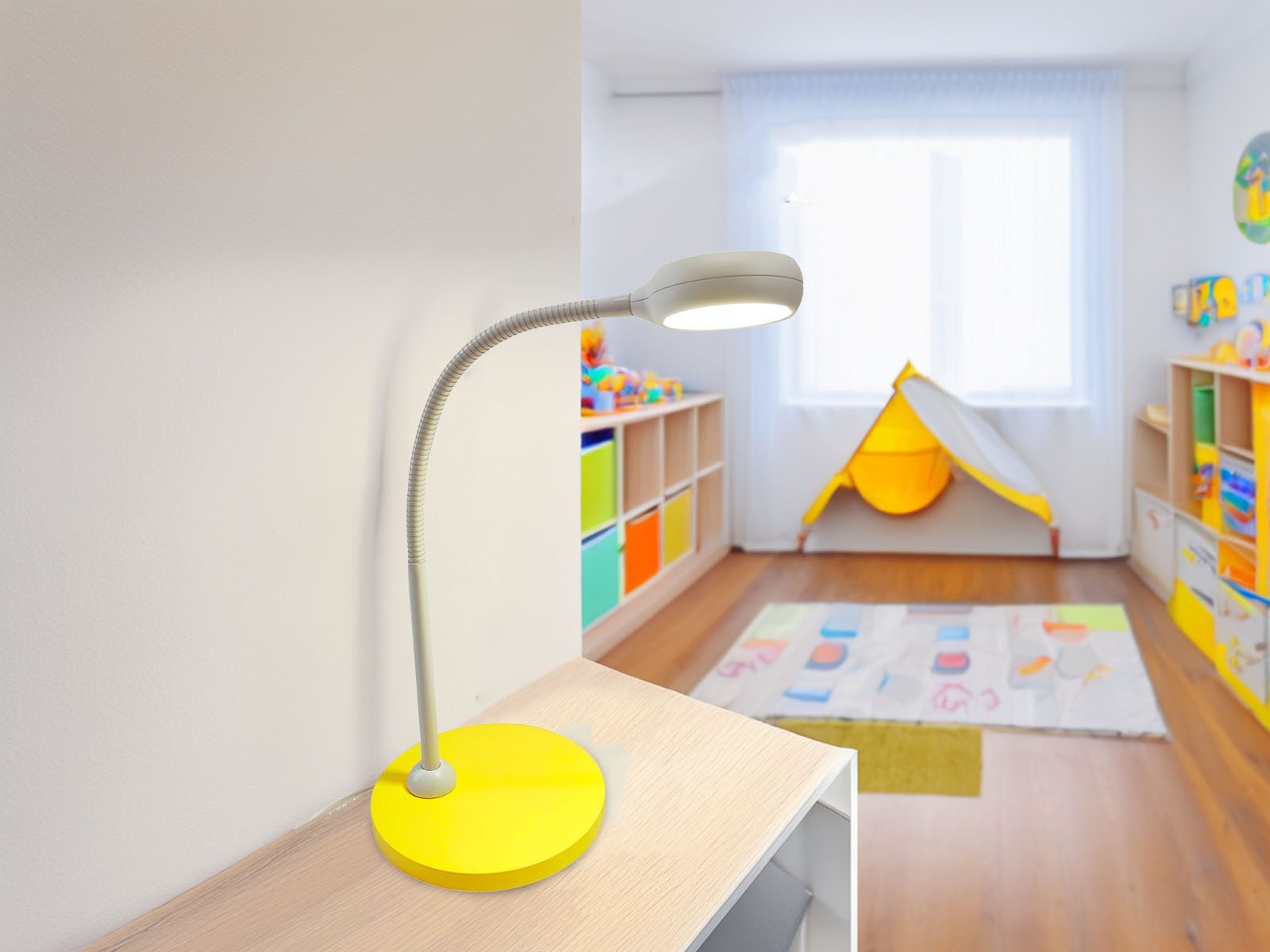 niermann LED Schreibtischlampe, Flexarm, LED wechselbar, Warmweiß, Leselampe Bett und Nachttisch-Lampe mit Holz-Fuß & Schwanenhals, 43cm