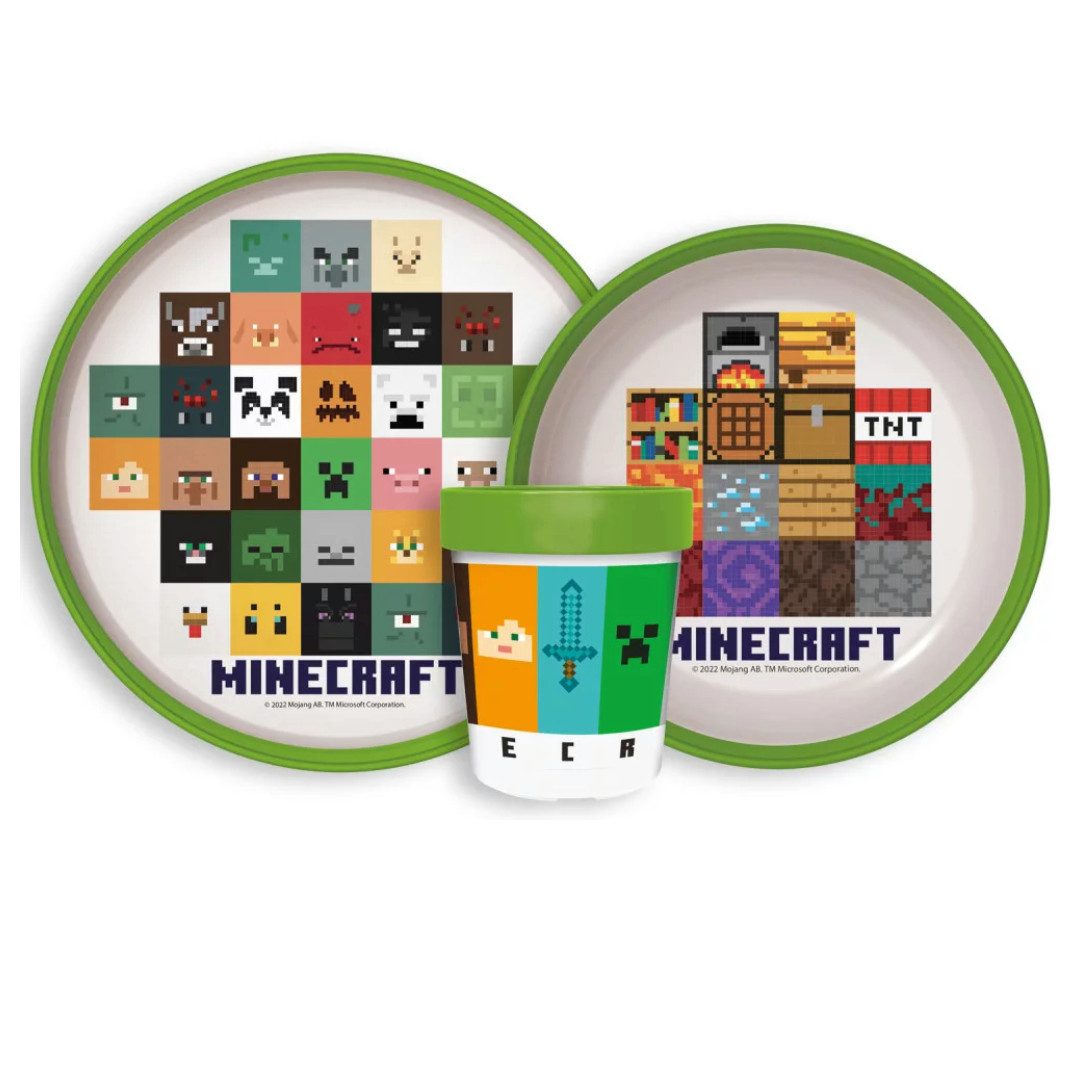 Minecraft Kindergeschirr-Set Gamer Minecraft Kinder antirutsch Geschirr-Set 3 teilig (3-tlg), 1 Personen, Kunststoff, Becher Teller Schüssel