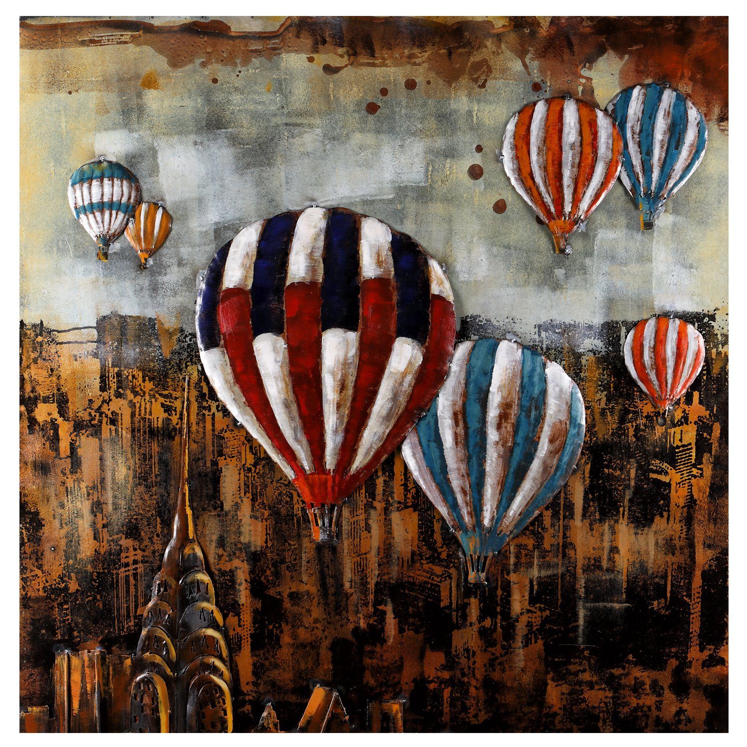 Home4Living Metallbild Wandbild Metallbild Heißluftballon 3D-Optik 100x100cm, Heißluftballon New York, 3D Effekt