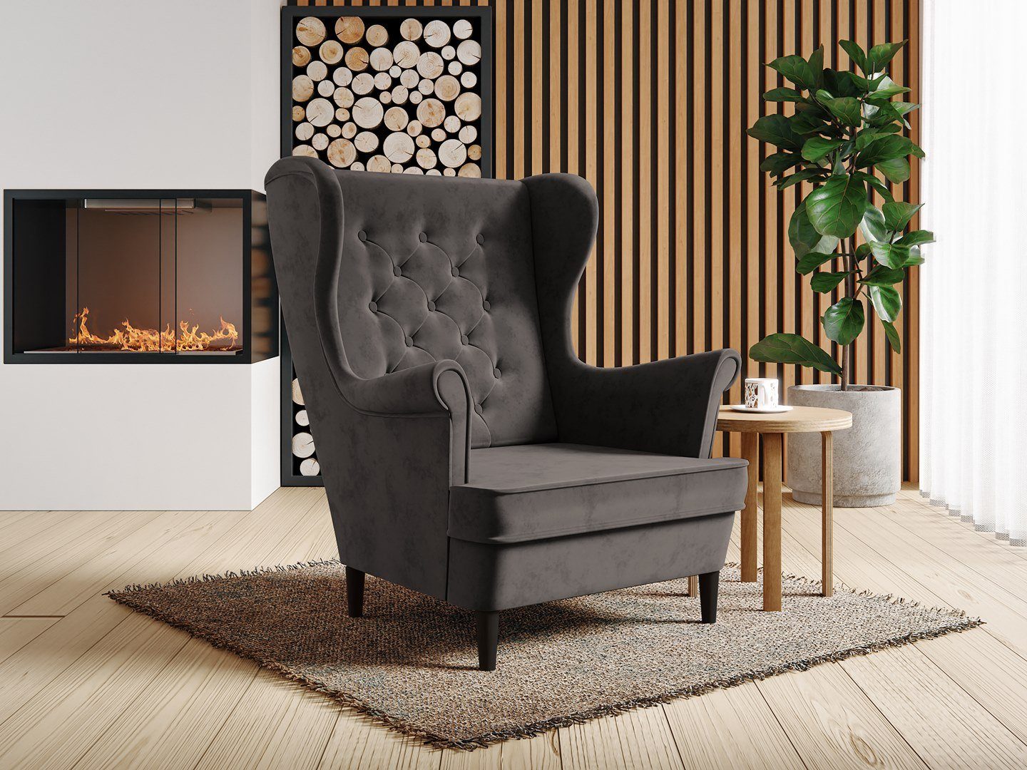 Beautysofa Sessel Falco III (stilvoll Polstersessel in skandinavisches Stil, Holzbeine (Weiß, Buche oder Wenge), aus velours, Ohrensessel mit Steppung Grau (kronos 22) | Einzelsessel