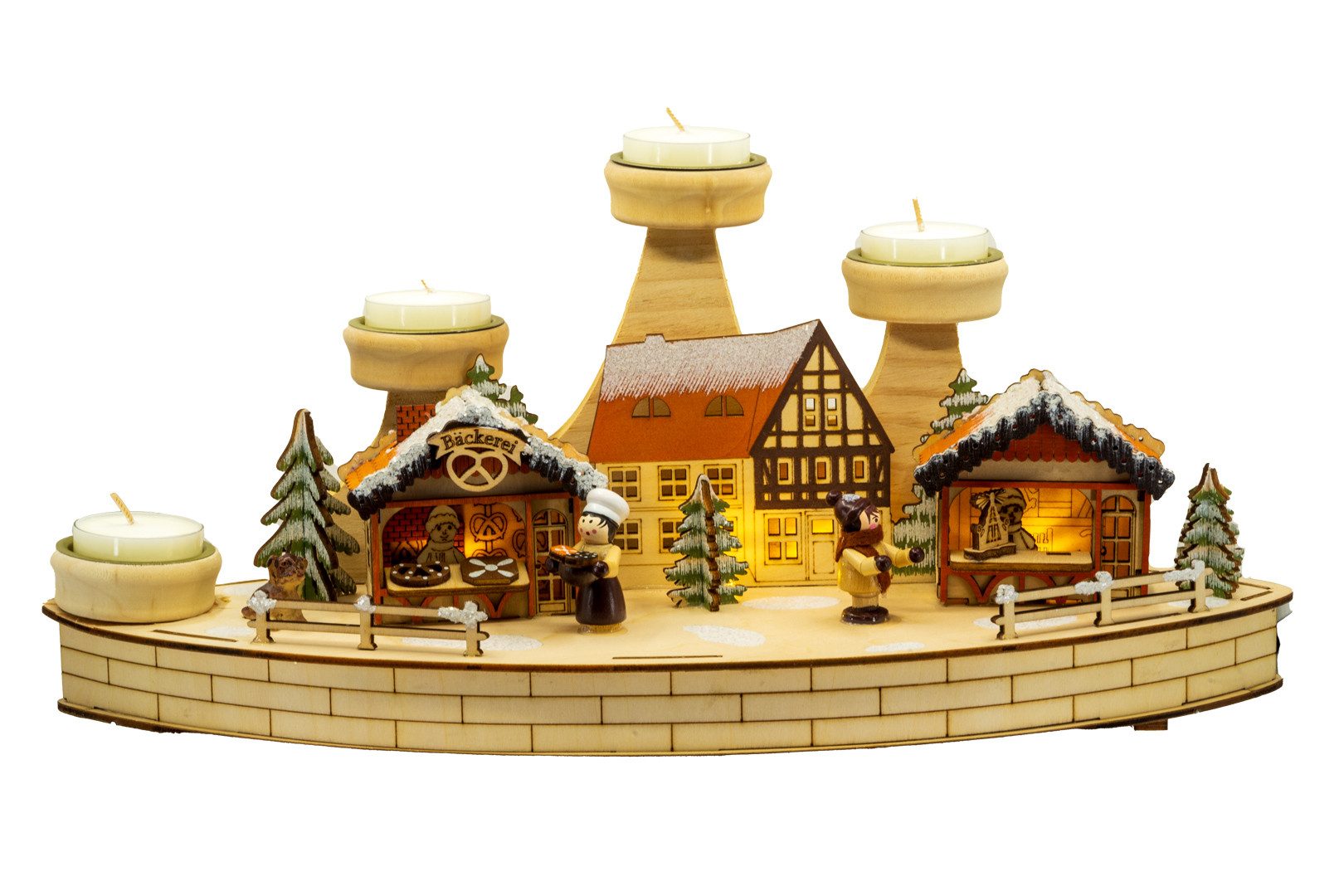 Kaladia Teelichthalter Schwibbögen aus Holz - Bäckerei/Weihnachtsmarkt, Teelichthalter für 4 Teelichter - mit winterlichem Motiv