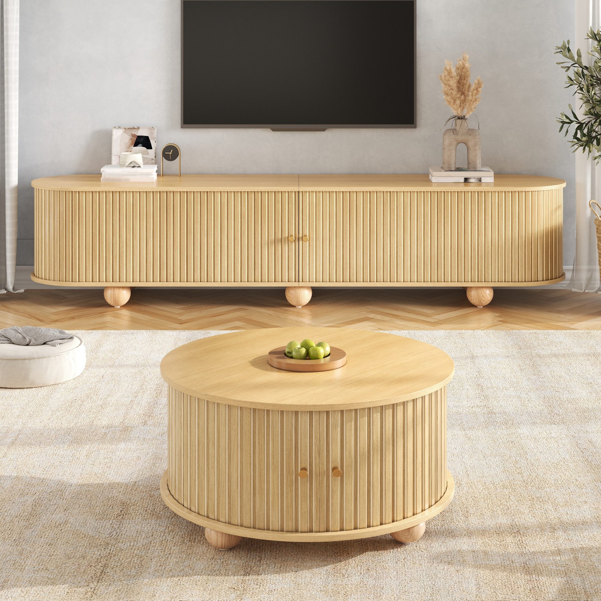 Merax Wohnzimmer-Set mit Couchtisch & TV-Lowboard Set im Retro Design, (1-St), Wohnzimmerset mit Schiebetüren, Reliefstruktur, Metallfüßen & Stauraum