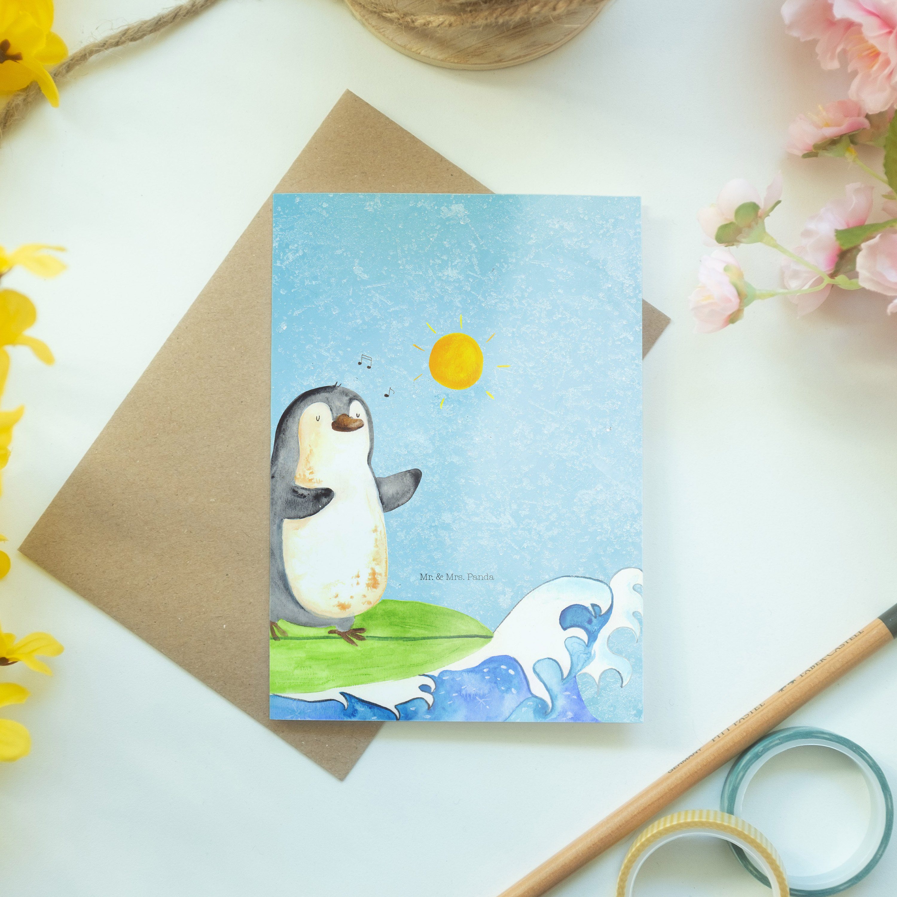 Mr. Portugal, - Mrs. Eisblau Pinguin & Geschenk, Hochzeitskarte Urlaub, Panda Grußkarte - Surfer