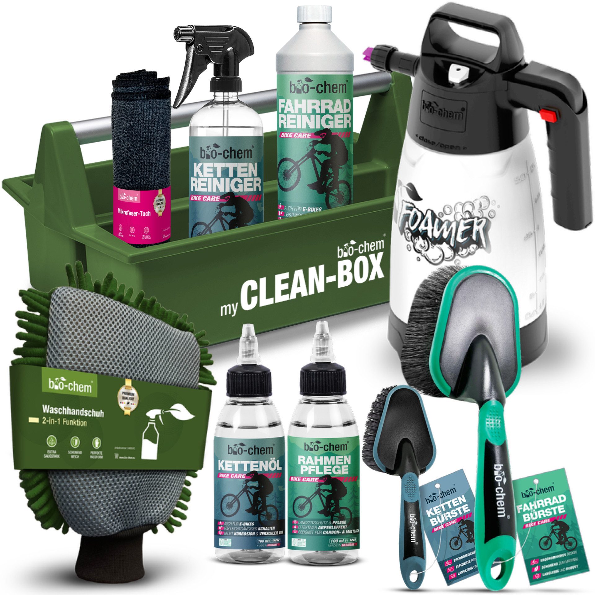 bio-chem Fahrrad Reinigungsset – 10-teilig - Reinigung und Pflege Zweiradreiniger (Sparpaket, [10-St. Fahrradpflege PREMIUM-SET 10-teilig inkusive Schaumsprüher 10-teiliges Reinigungsset für Fahrrad & E-Bike)