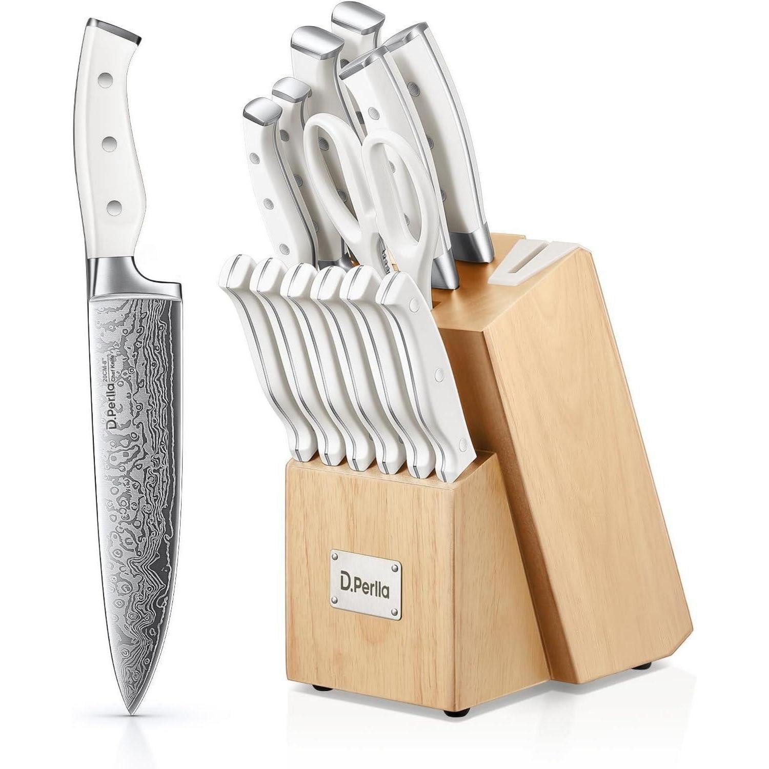 LuxusKollektion Messerblock Messerblock Set 14 TLG Edelstahl selbstschärfend Holzblock Weiß 14