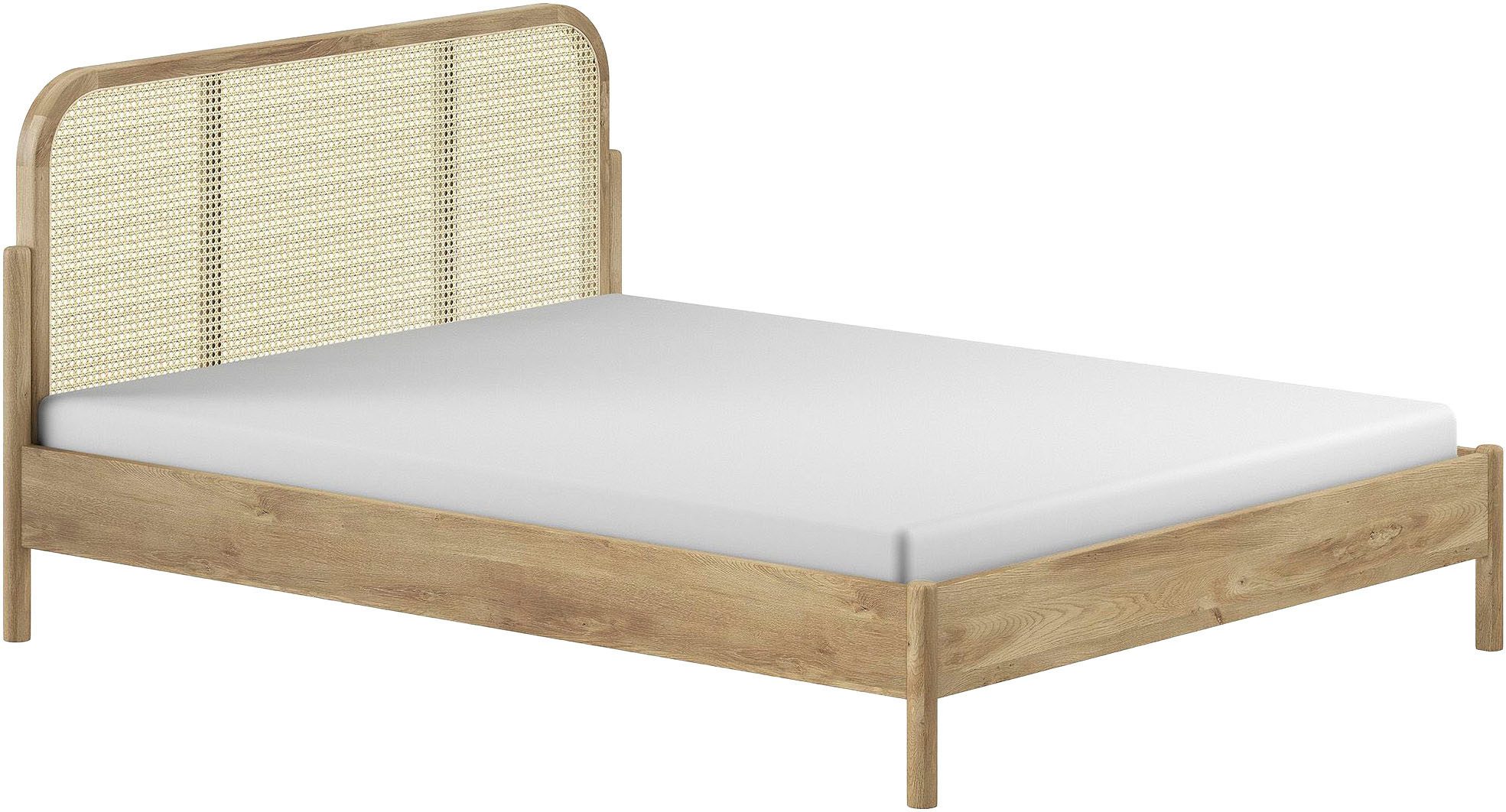 Vipack Bettgestell Olive, Bettpfosten Eiche massiv und furnierten Bettseiten (mit hochwertigem Rattan-Geflecht Kopfteil, Rahmen Eiche massiv), ohne Lattenrost, mit höhenverstellbarem Rahmenbeschlag, drei Breiten