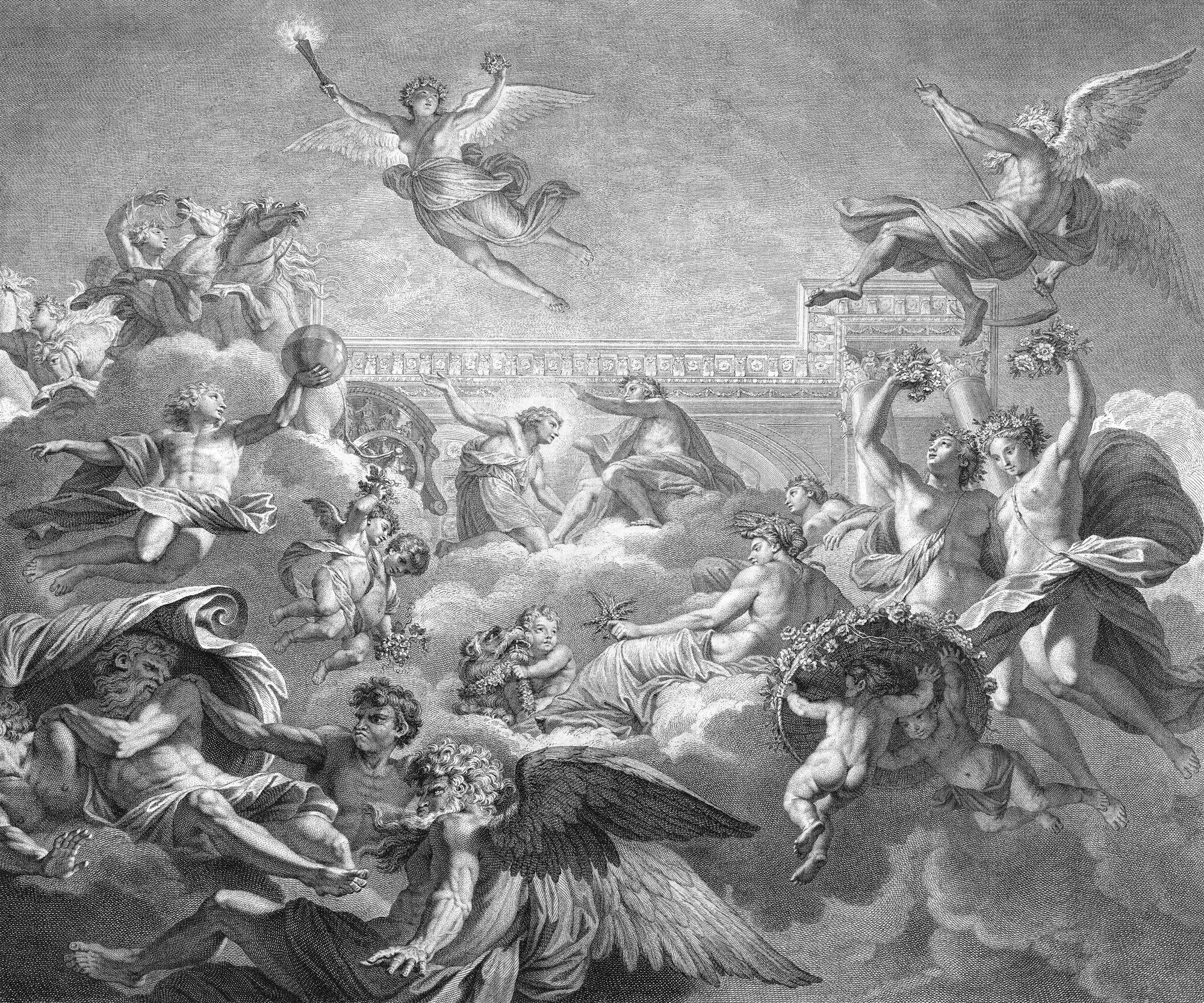 Rasch Fototapete Gemälde Renaissance italienisch Skulptur mit Engeln - Weiß Schwarz, bedruckt, (1 Rolle, 1 St., Kollektion 'Magicwalls' - 2,65 m x 3,18 m), Lichtbeständige Farben - Feucht abwischbar - Restlost abziehbar
