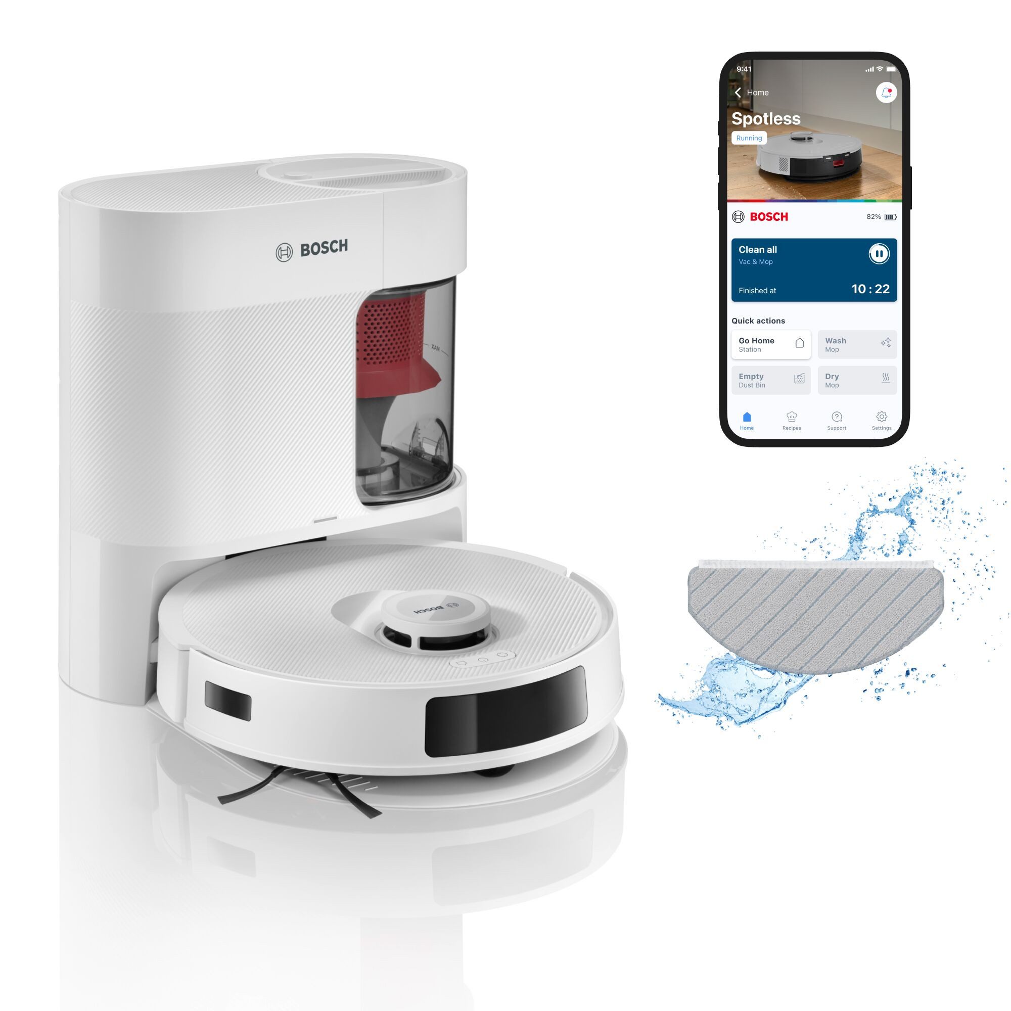 BOSCH Вакуумный робот Spotless + BCRD1W, Вакуумный робот mit Wischfunktion, 11.000 Pa Saugkraft, 60 W, beutellos, Trocken-Servicestation, Infrarot Navigation, Carbon Bürste
