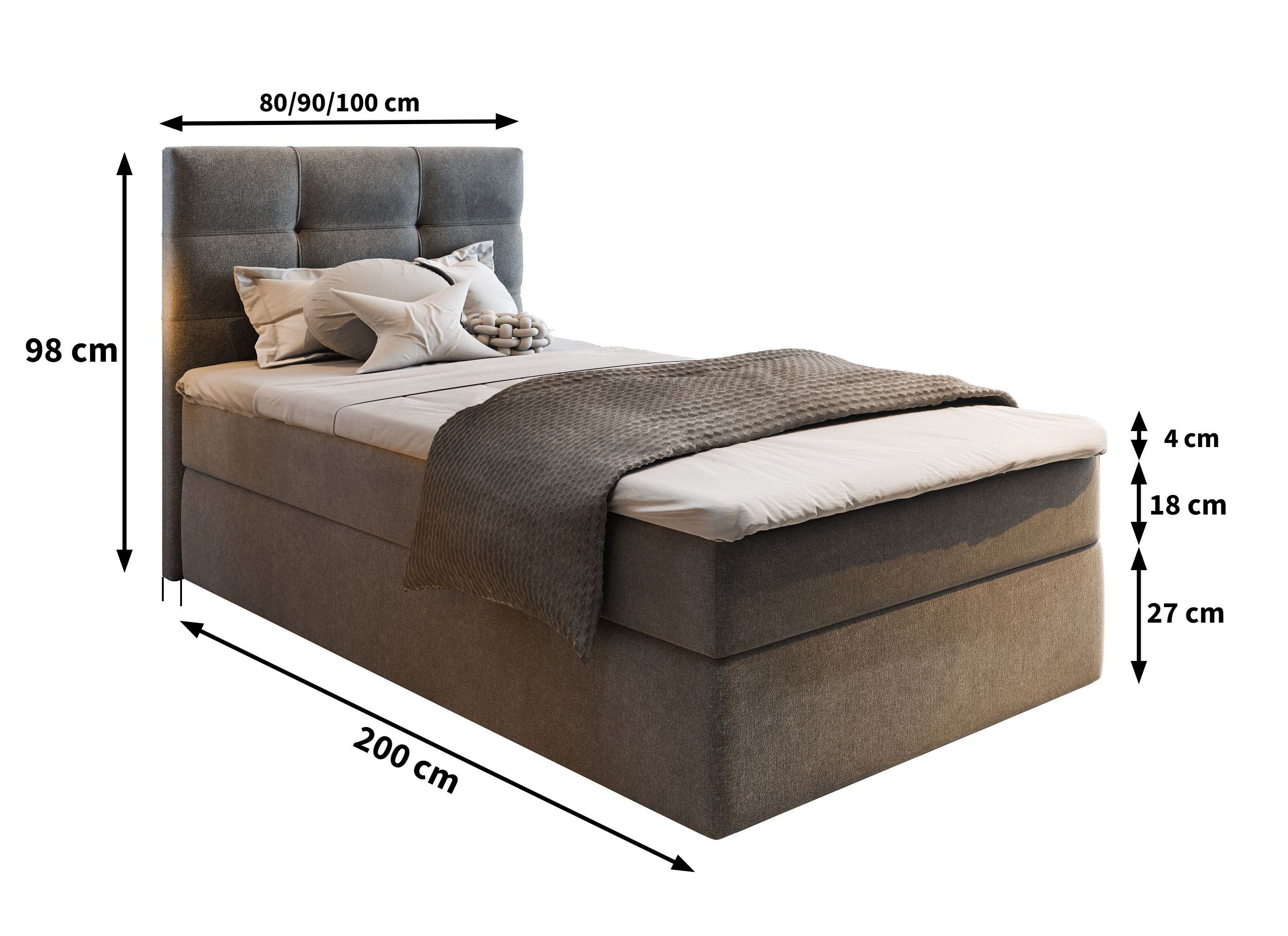 Masseno Boxbett GLOS 100x200 cm mit Bonell Matratze und Topper, Einzelbett, Jugendbett, Polsterbett mit Kopfteil, Boxspringbett – Bild 4 von 5