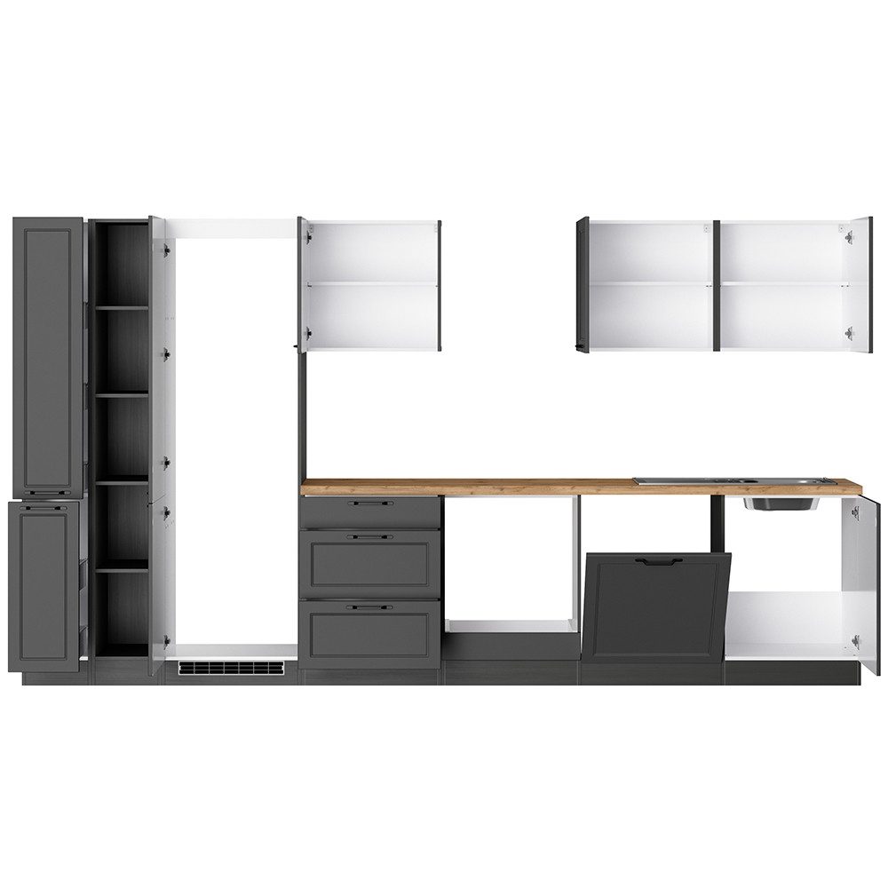 Lomadox Küchenzeile MONTERREY-03, Küchenblock Küchenmöbel, 360cm, grau mit Eiche