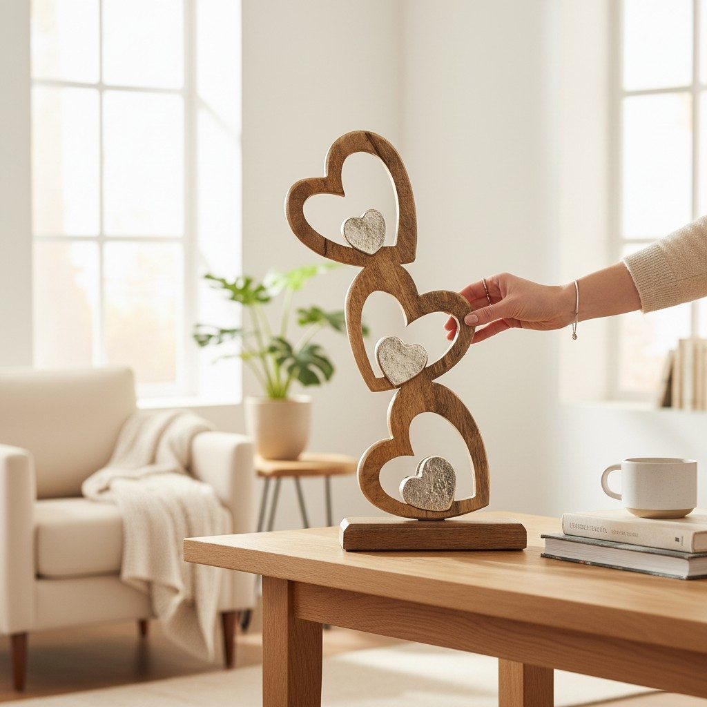 Macosa Home Skulptur Herzen 40 cm Metall Holz Braun Silber (Dekoskulptur Deko, 1 St., Edle Dekoration & Geschenkidee Hochzeit Jahrestag), Dekofigur Wohnaccessoire für Regal, Tisch, Sideboard