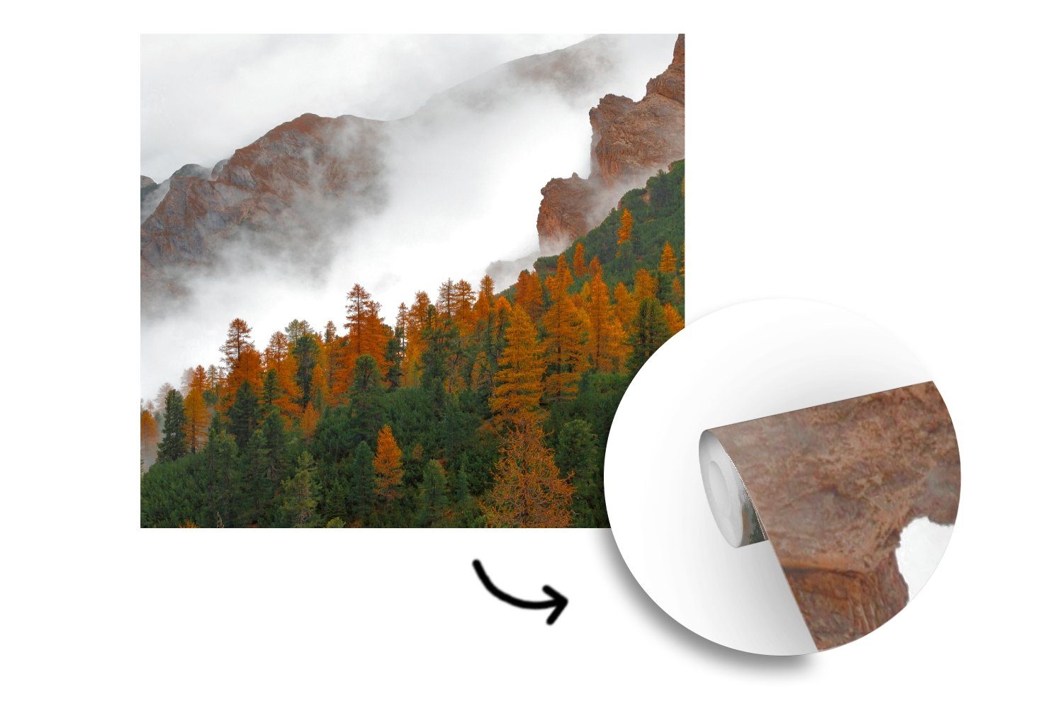 Nebel - bedruckt, MuchoWow (5 Fototapete für Wald, St), - Tapete Schlafzimmer, Wandtapete oder Vinyl Matt, Berg Wohnzimmer