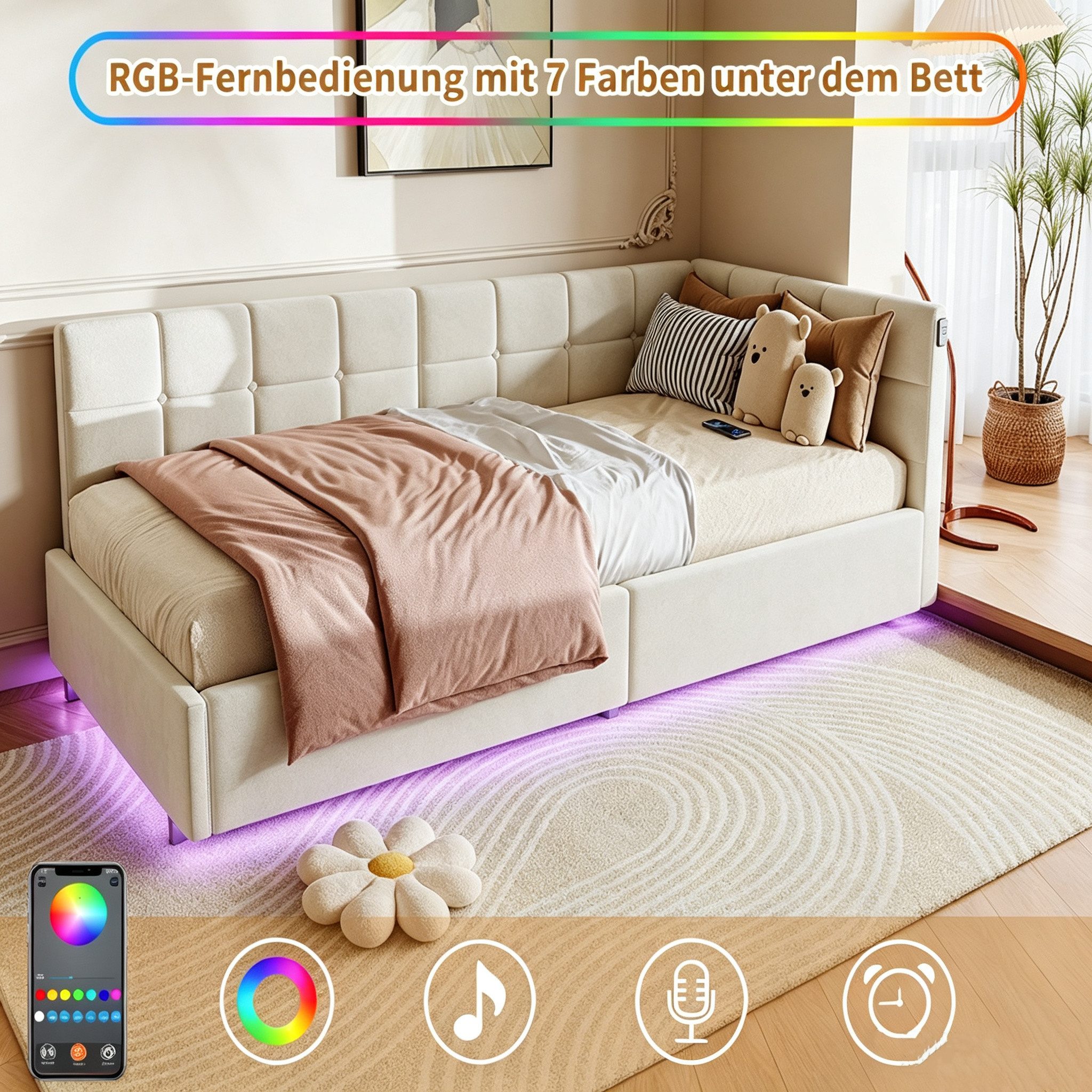 Simurq Daybed Tagesbett 90x200 mit Stauraum, Samtbett, Polsterbett, Gästebett, mit LED & USB Port, L-Form, Mit Lattenrost, Wohnliches Design – Bild 5 von 5