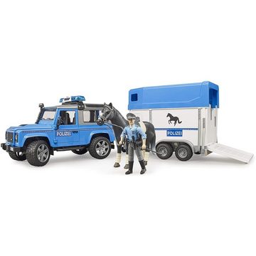 Bruder® Spielzeug-Polizei Landrover Defender, Polizeifahrzeug mit Pferdeanhänger, Pferd und Polizist, Blau/Weiß
