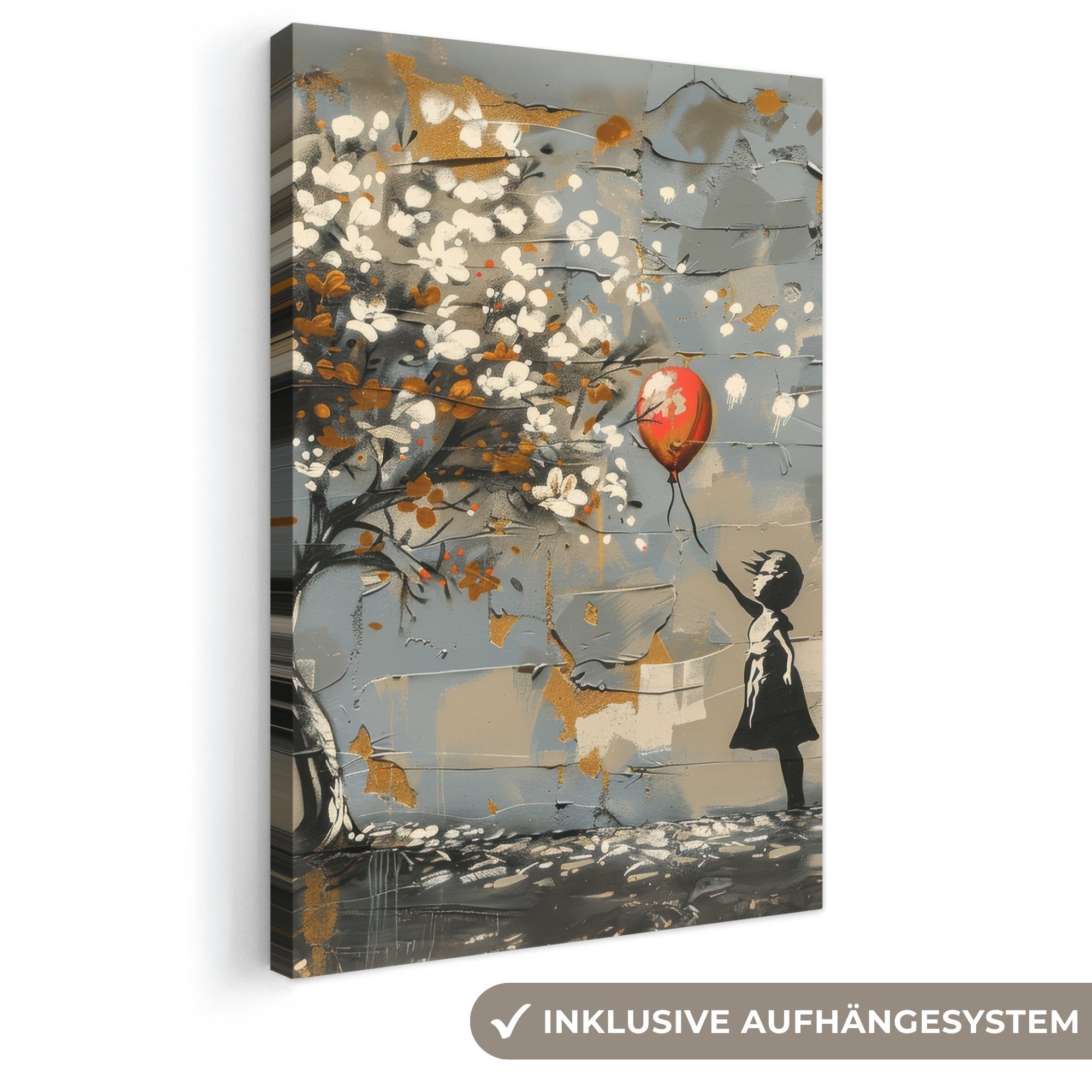 OneMillionCanvasses® Leinwandbild Baum - Graffiti - Banksy-Stil - Balloon Girl, Fotodruck (1 St), Leinwand Canvas Wandbild, Wanddekoration 20x30 cm
