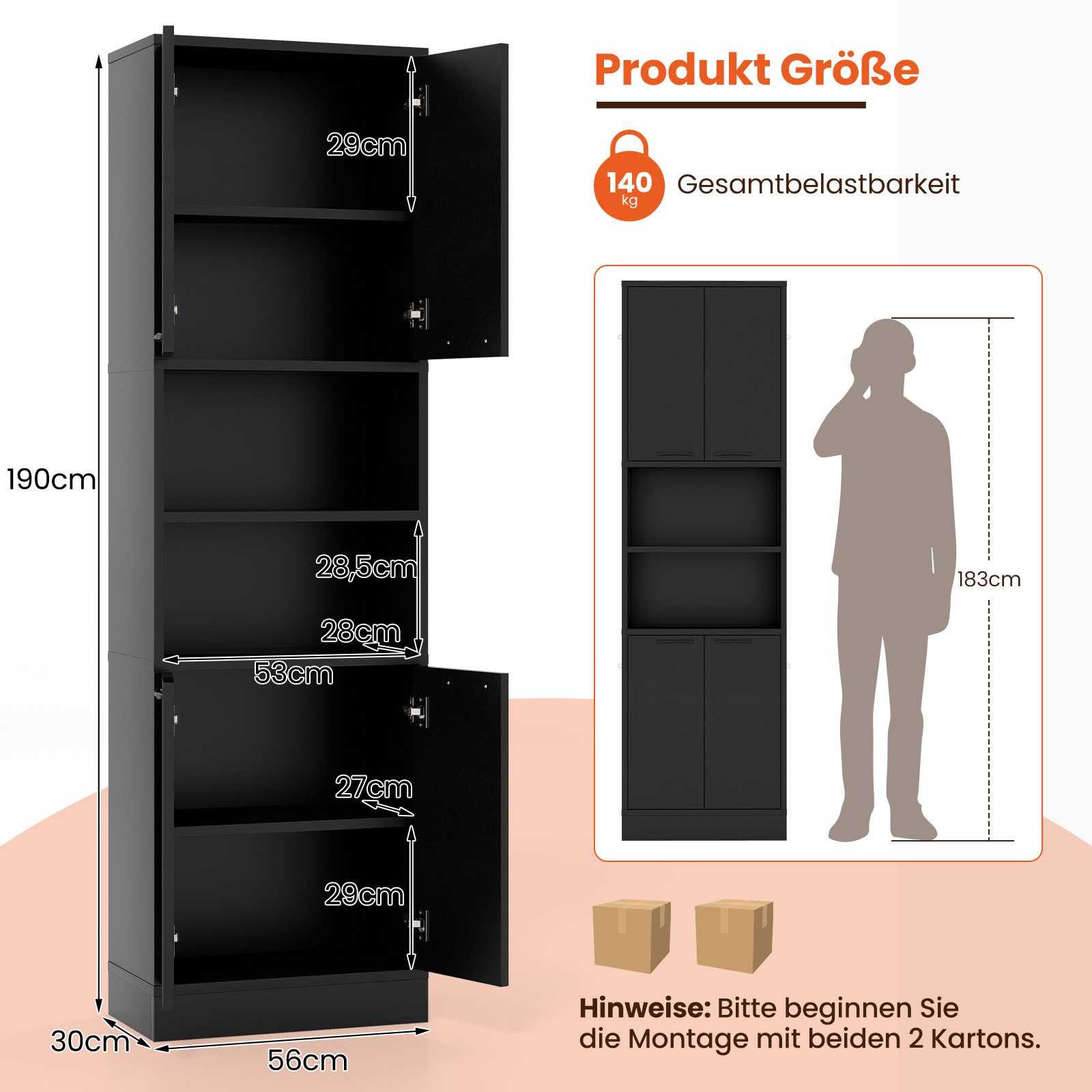 COSTWAY Küchenbuffet Hochschrank mit Türen, Regalen 56x30x190 cm – Bild 5 von 5