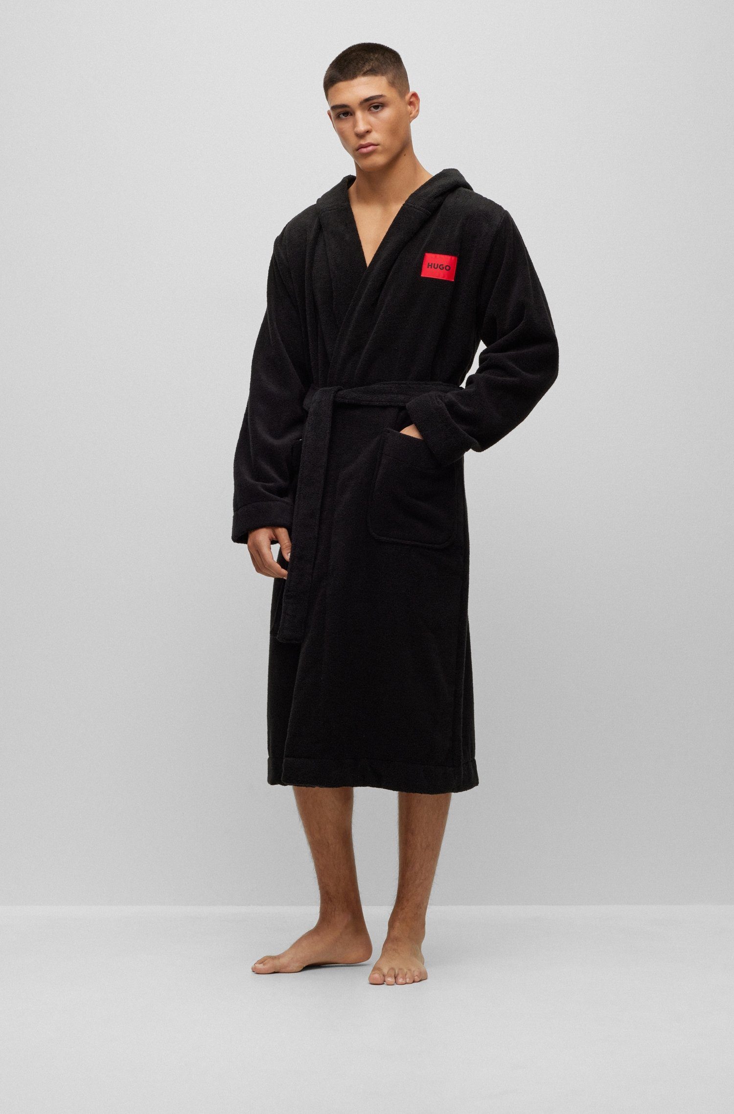 HUGO Bademantel Terry Gown Hooded, Midilänge, Baumwolle, mit Kapuze & kontrastfarbenen Logo