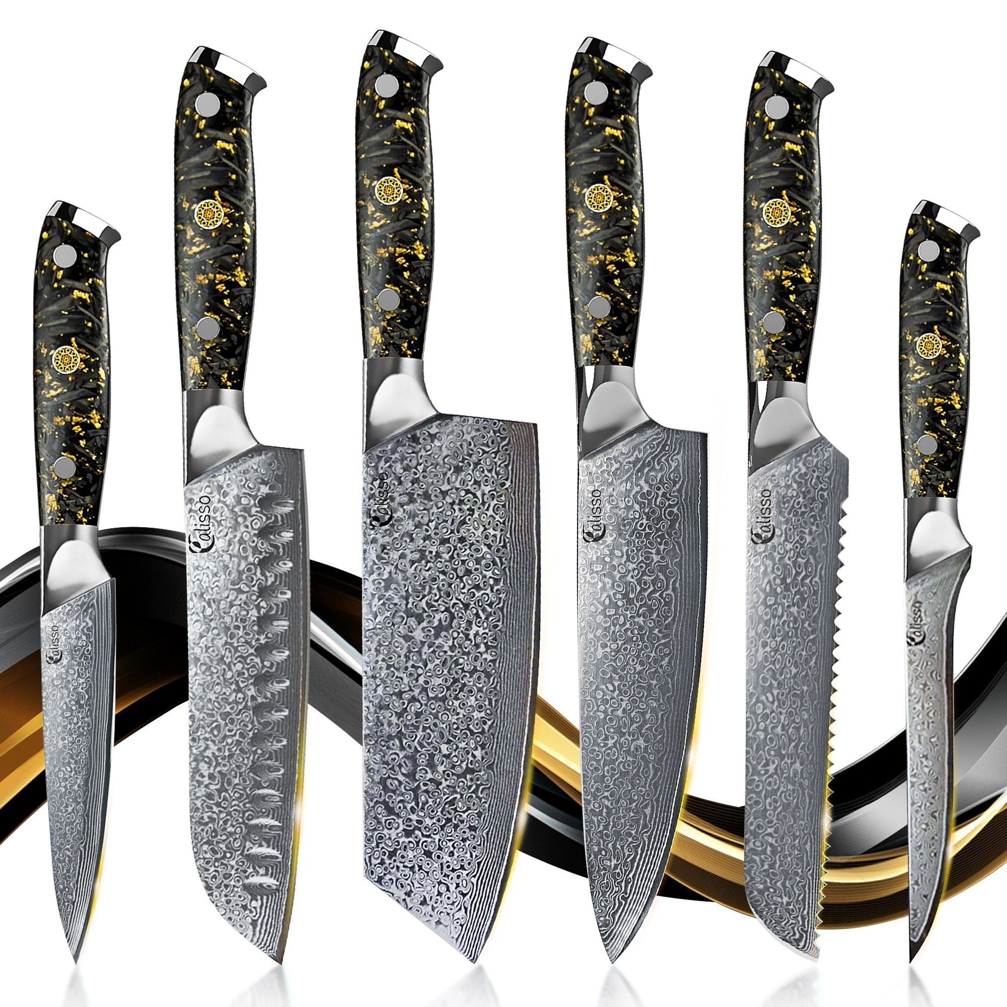 Calisso Messer-Set Gold&Ash Line Küchenmesser Damastmesser Messerset  (Advanced Set, 6-tlg., Inklusive Klingenschutz und hochwertiger Holzbox),  Damastmesser