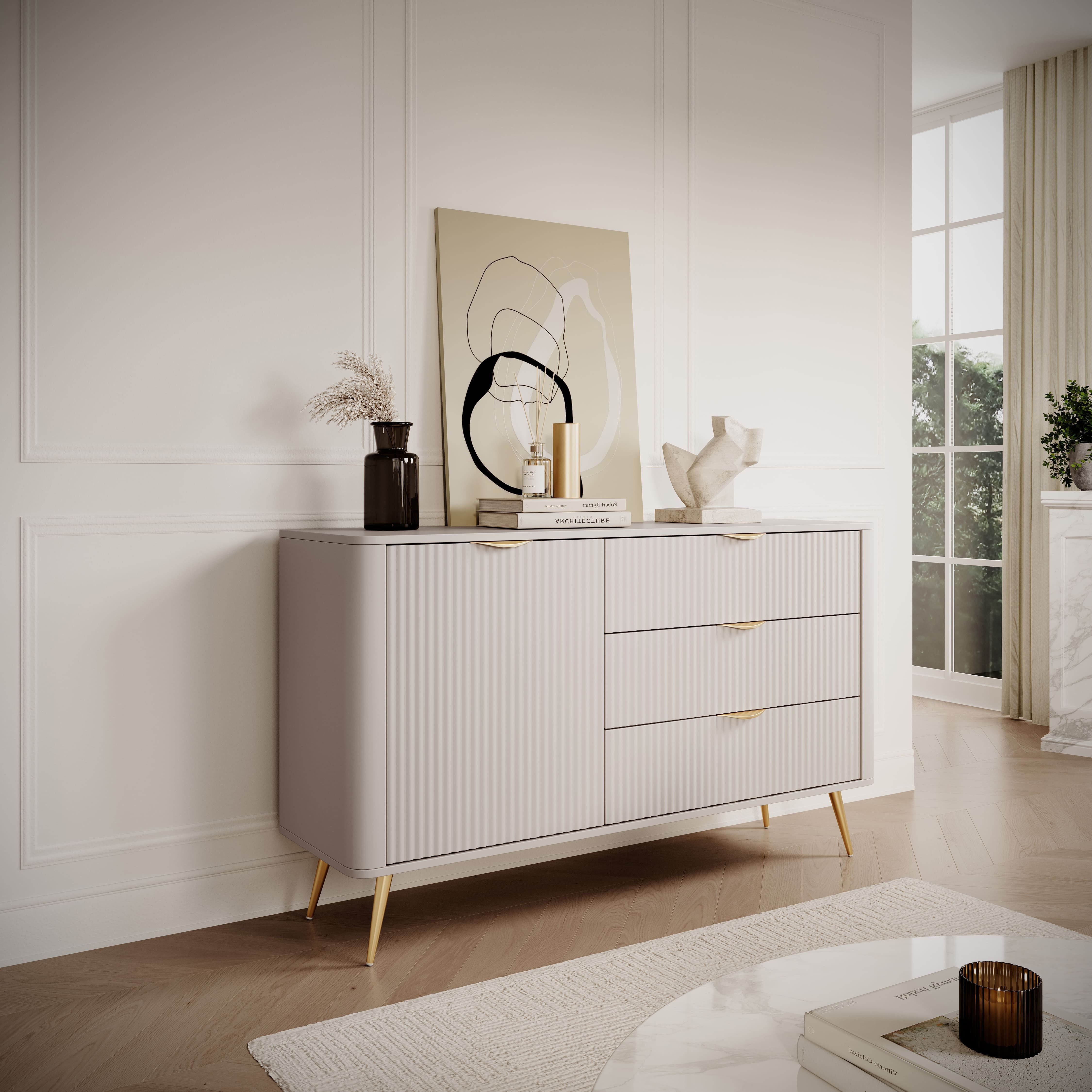 MOEBLO Kommode Pholx D 138 D3S (Griffe und Beine aus Metall, geriffelte-Fronten, Sideboard Wohnzimmer Kommode Schlafzimmer Komodenschrank Highboard)