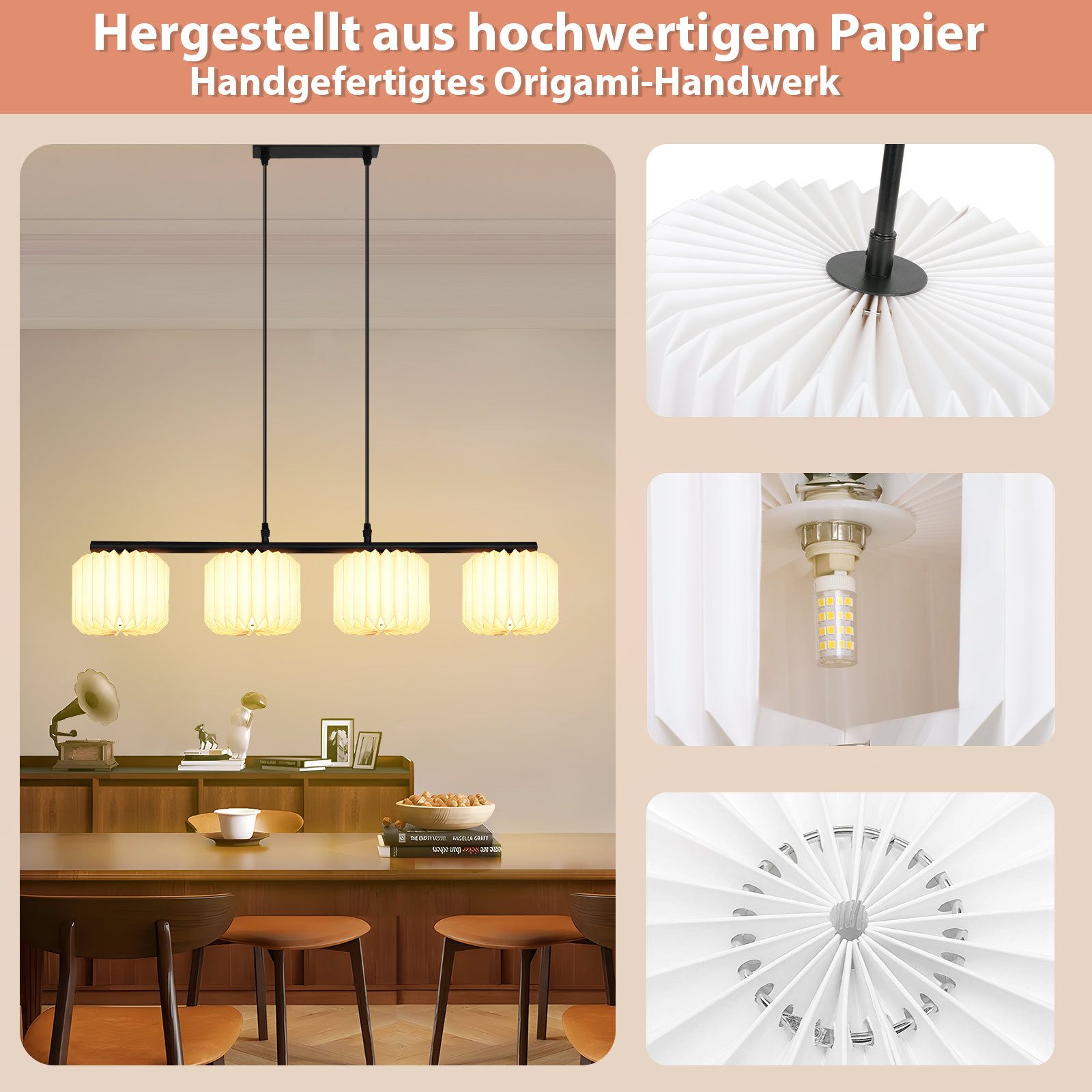 ZMH Pendelleuchte Pendelleuchte Esstisch Hängelampe Vintage für Schlafzimmer, ohne Leuchtmittel, Lampenschirm Papier Lang Pendellampe Esstischlampe