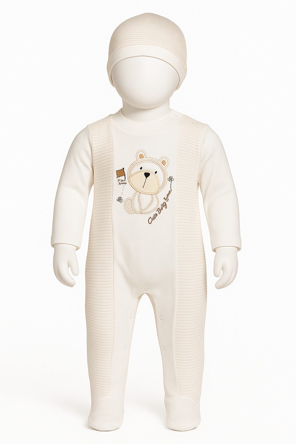 Strampler Baby Strampler mit Fuß + Mütze, 100% Baumwolle, Jungen + Mädchen