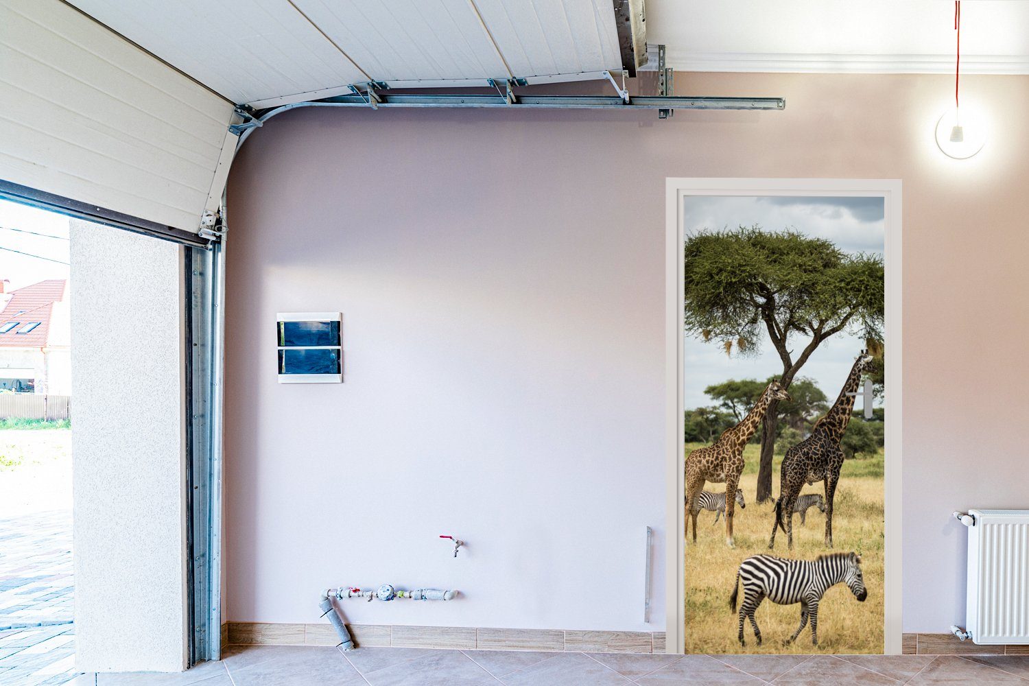 MuchoWow Türtapete Giraffen und Zebras 75x205 Savanne des, (1 bedruckt, Fototapete gemeinsam Tür, für in Matt, der St), cm Türaufkleber