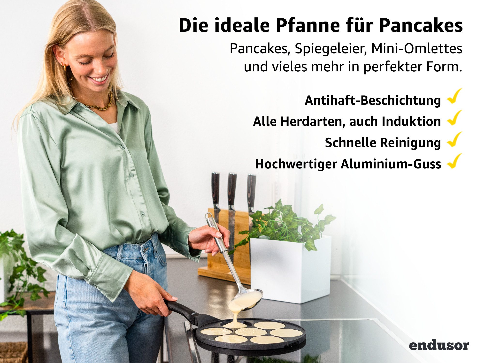 endusor Crêpepfanne Pancake Pfanne ⌀26cm (7 Mulden), Aluminiumguss (Alle Herdarten inkl. Induktion, Ø 26cm Bratpfanne), modernster Antihaft-Beschichtung & Eisenkernboden für Pancakes & Mehr