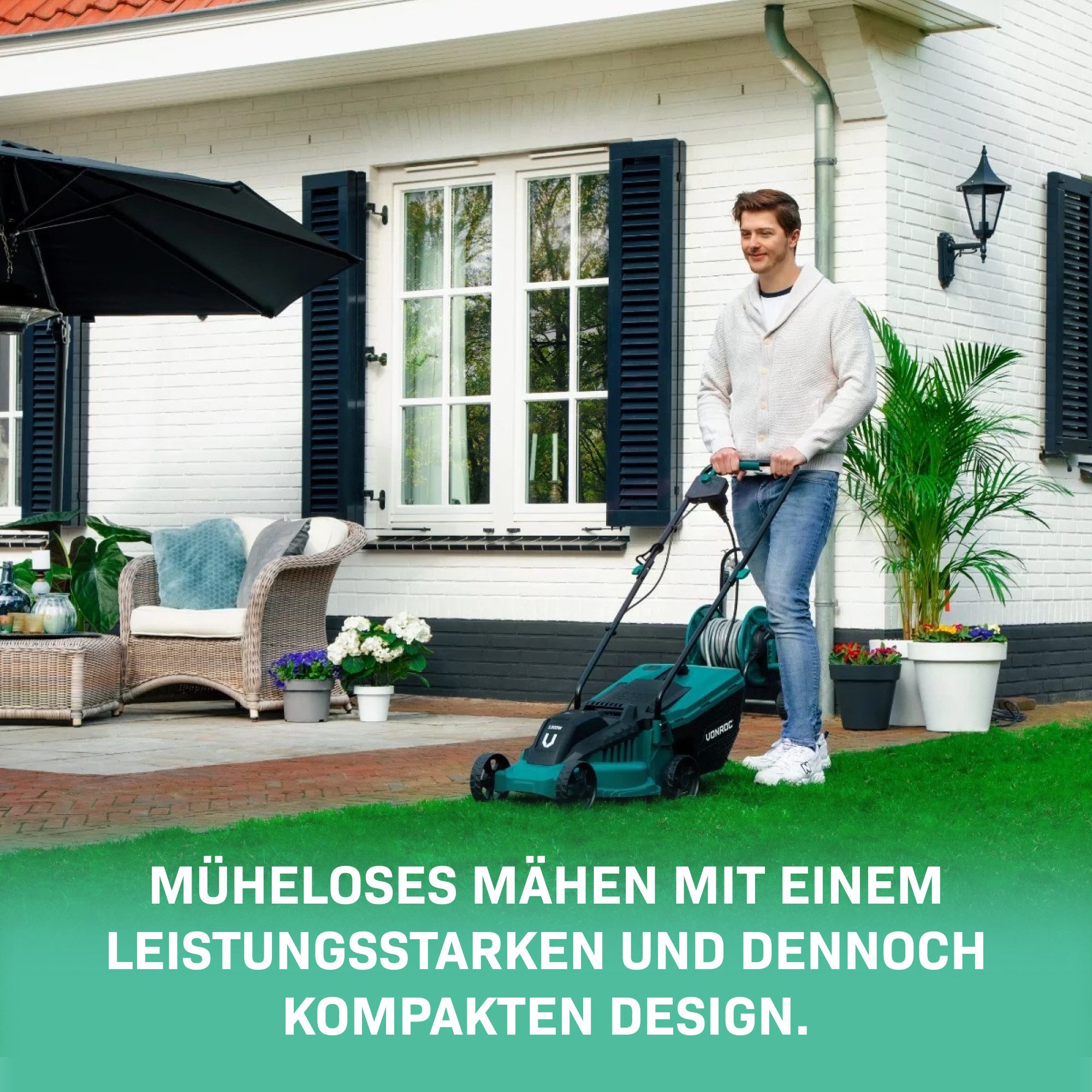 VONROC Elektrorasenmäher mit Kabel - Rasenmäher Elektro für kleine bis mittelgroße Flächen, 32 cm Schnittbreite, (Set, Basisversion), 1300W - einstellbare Schnitthöhe 30-70MM