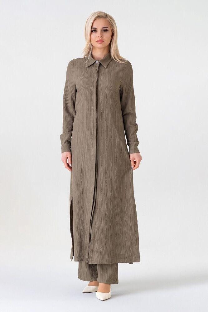 fashionshowcase Longtunika Damen Crinkle lange Tunika verdeckte Knopfleiste Modest elegant Crinkle-Struktur, fließender Fall, Seitenschlitze, vielseitig tragbar