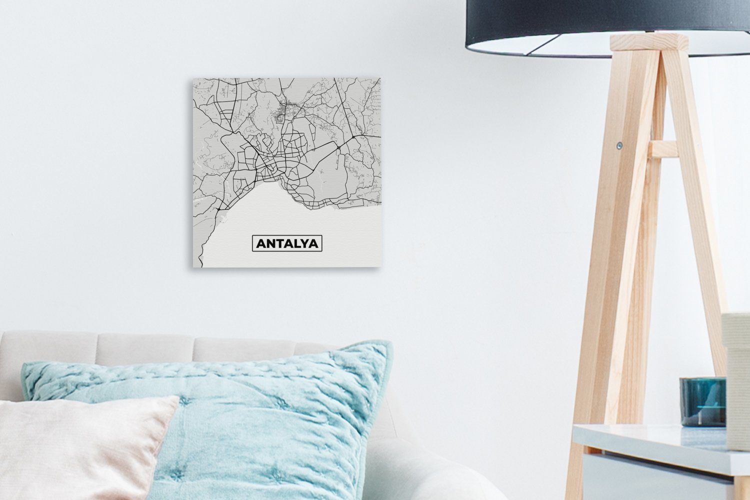 und für Antalya Wohnzimmer Leinwandbild Stadtplan (1 - - Karte, Bilder Schwarz Leinwand OneMillionCanvasses® weiß Schlafzimmer - St),