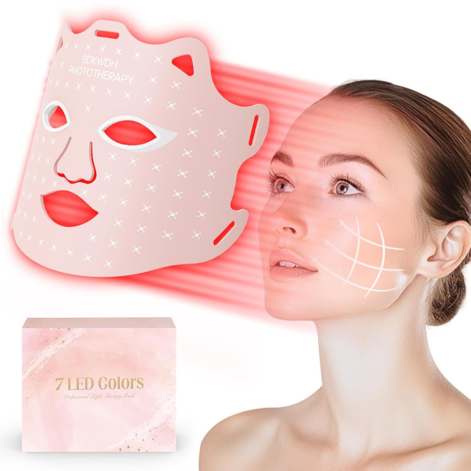 feinlux Kosmetikbehandlungsgerät LED-Gesichtsmasken-Lichttherapie zu Hause, Packung, 7 Farben LED-Gesichtsmasken-Lichttherapie, Rotlicht-Therapiemaske für das Gesicht, Rosa