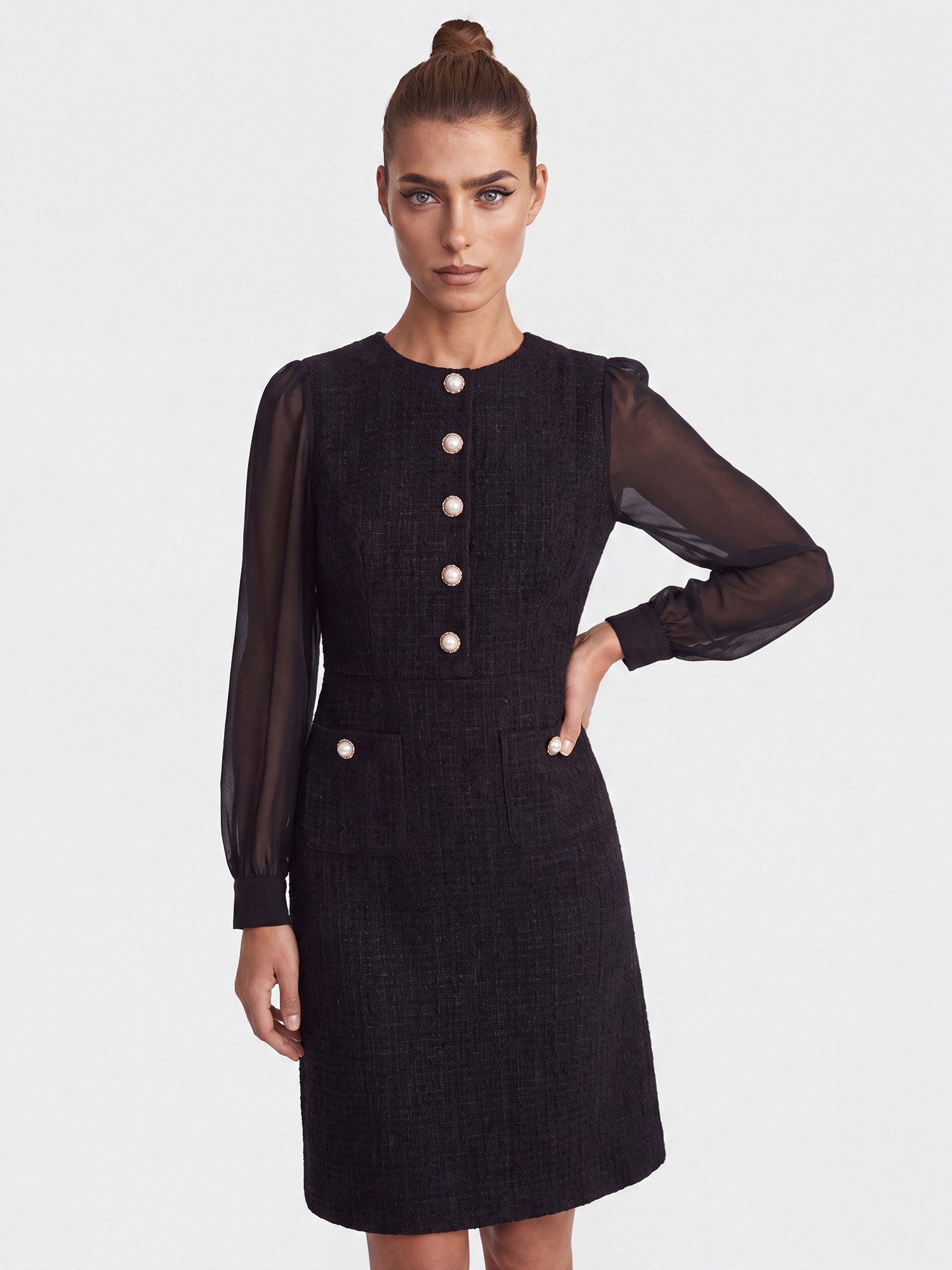 Apart Midikleid mit Chiffonärmeln und Zierknopfleiste
