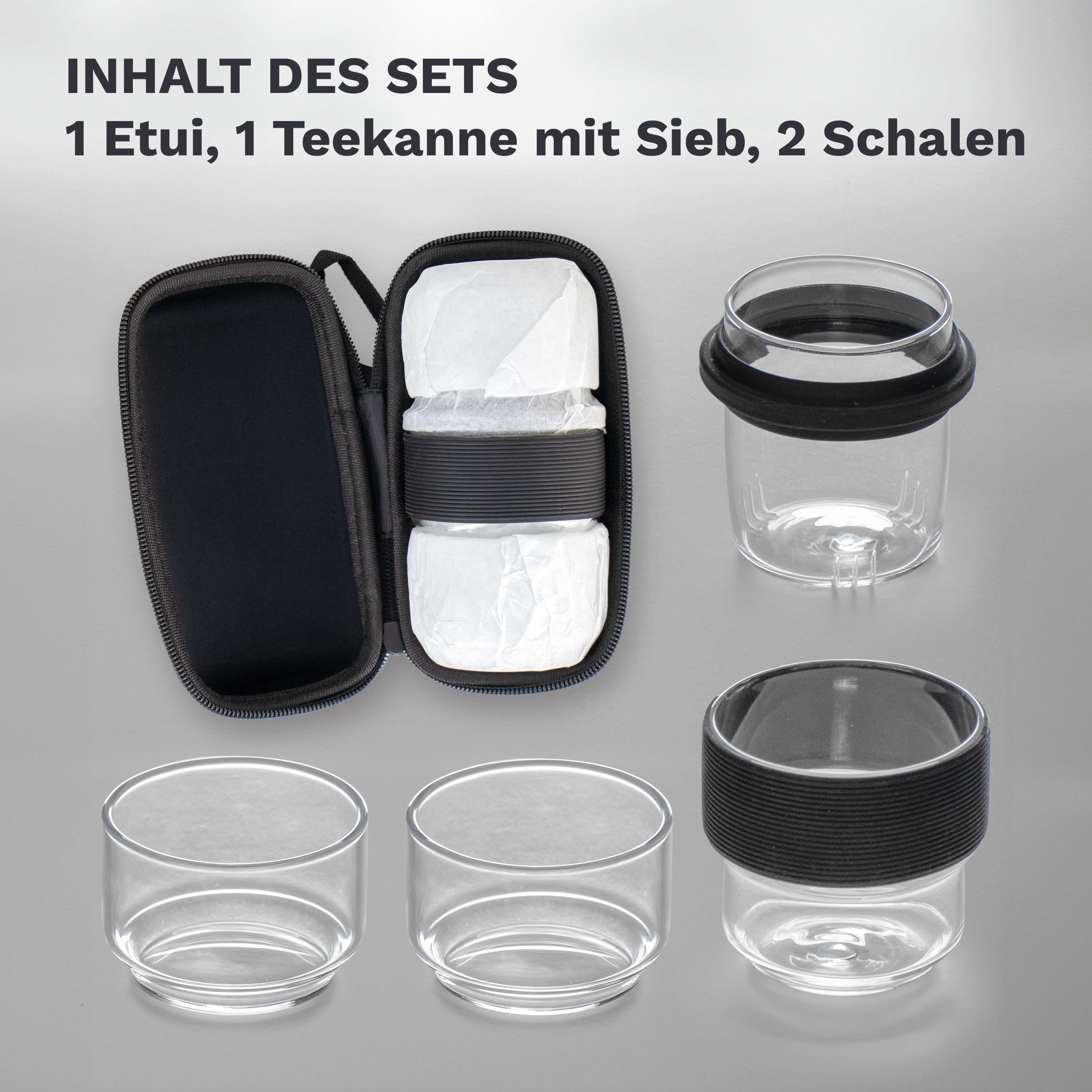 KVOTA Teeservice Glas-Teeset mit Reiseetui – Teekanne 150 ml + 2 Teegläser je 100 ml (4-tlg), 2 Personen, Glas, Silikon, Reiseetui, kompakt, Teegenuss