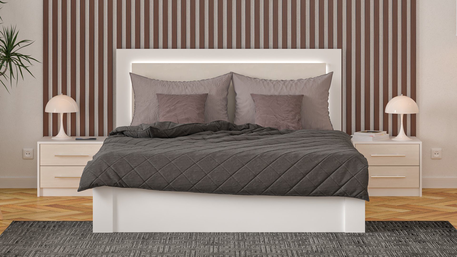 LED-Panels -, - Modernes mit Möbelplatte Doppelbetten Aurora Siblo cm 200x160 und - hohem Schublade Doppelbett Kopfteil Holzrahmen - Bett