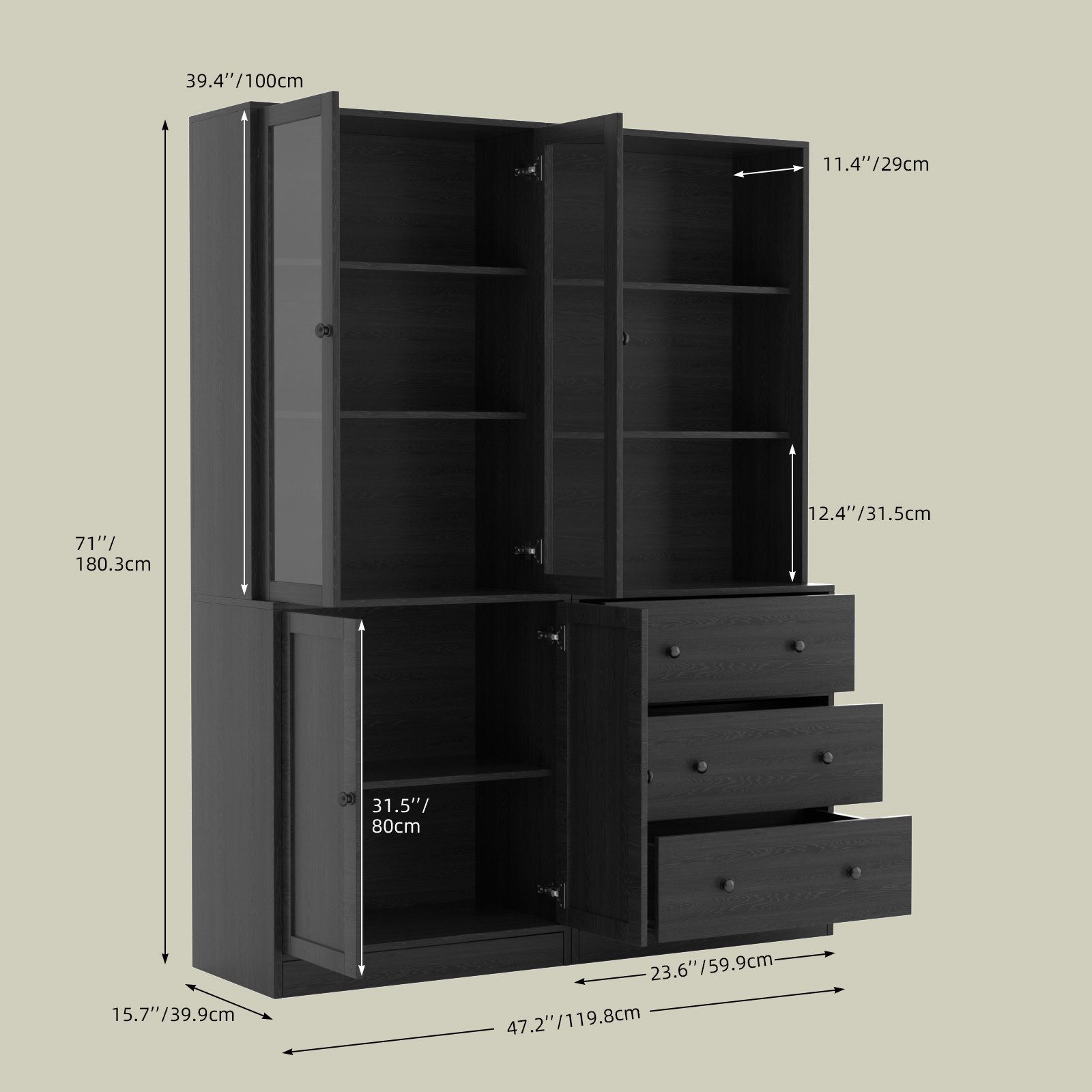 VOWNER Bücherregal 5-stöckiges Bücherregal mit Glastüren, 180 cm Vitrinenschrank, 2-tlg., multifunktionaler Küchenschrank Hochschrank & Buffetschrank