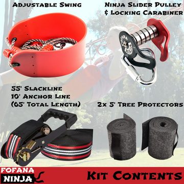 Fofana Ninja Slackline FOFANA NINJA SLIDER ZIPLINE PULLEY KIT, 20 METER, hochwertige Herstellung, Baumschonend